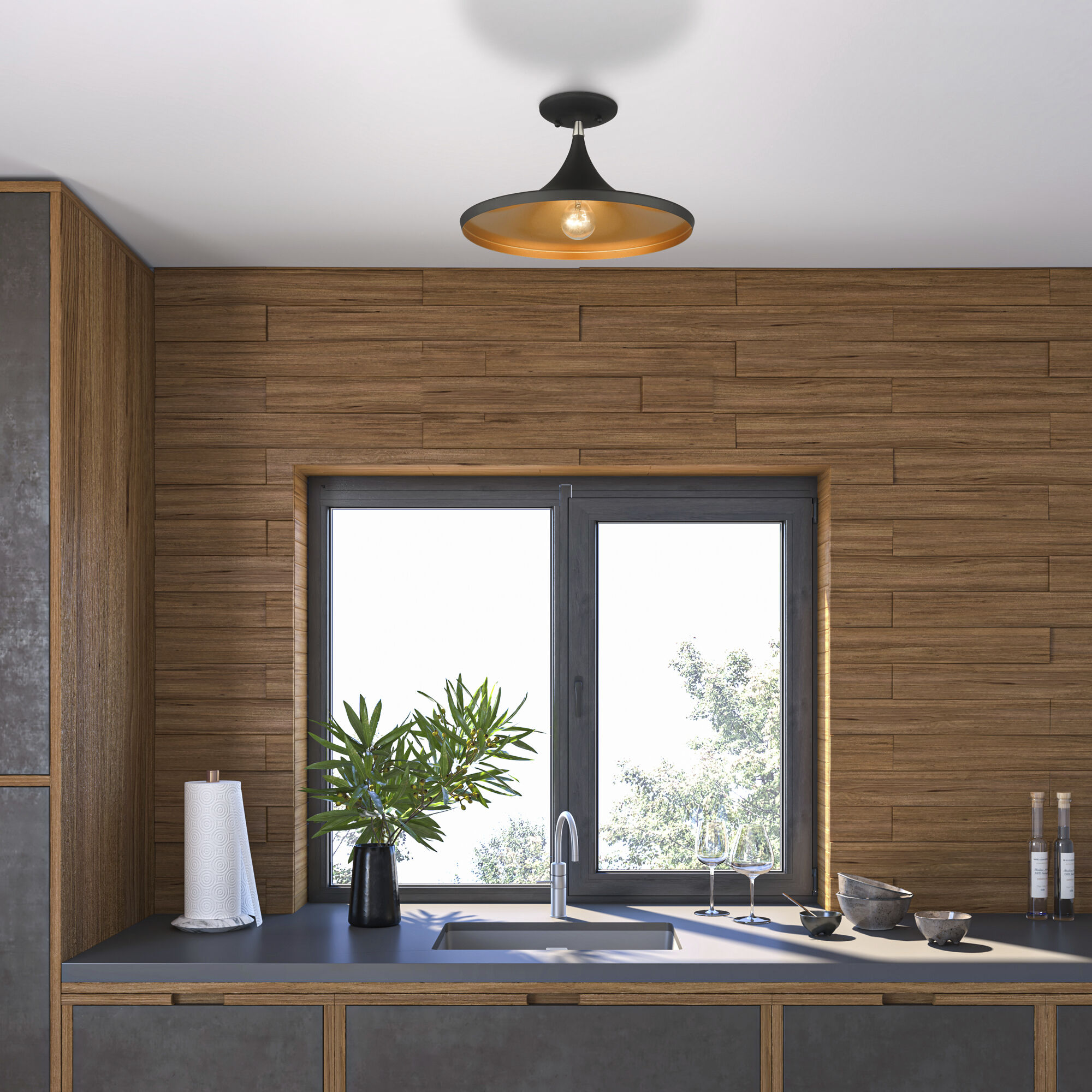 Waldorf 1 Light 14 inch Black with Brushed Nickel Finish Accents Semi-Flush Ceiling Light in Black with Brushed Nickel Accent