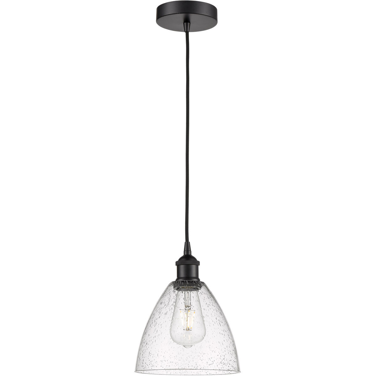 Edison Dome LED 7.5 inch Matte Black Mini Pendant Ceiling Light in Seedy Glass