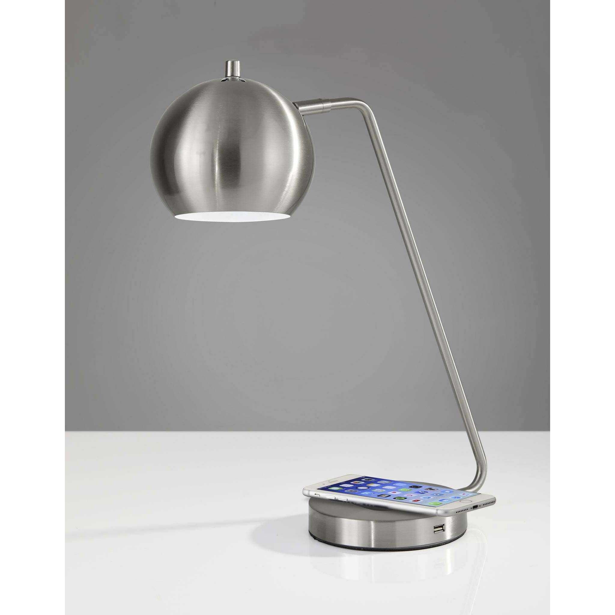 Emerson 18 inch 60.00 watt Brushed Steel Desk Lamp Portable Light, with AdessoCharge Wireless Charging Pad and USB Port