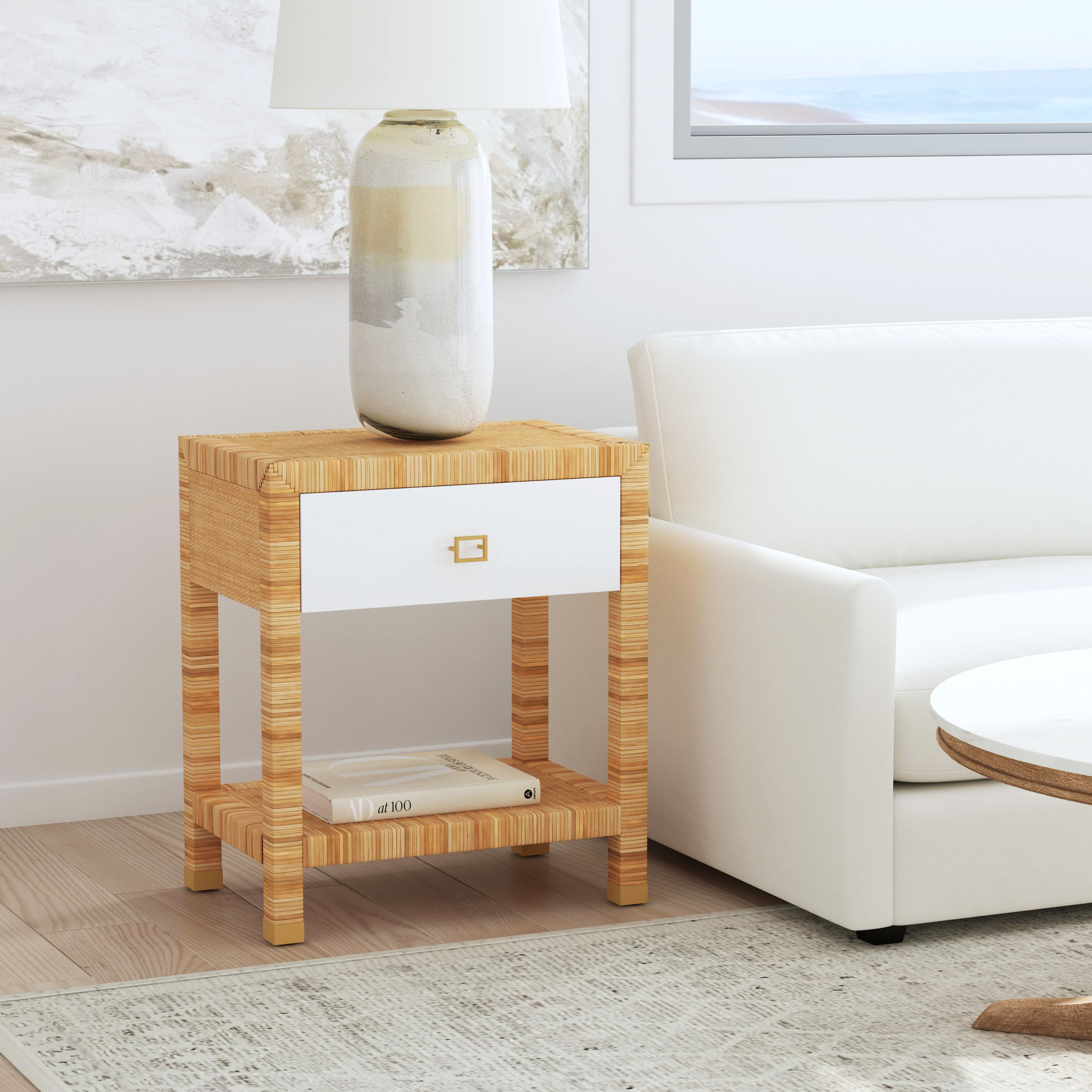 Corfu 1 Drawer Natural Rattan Nightstand in Natural and White