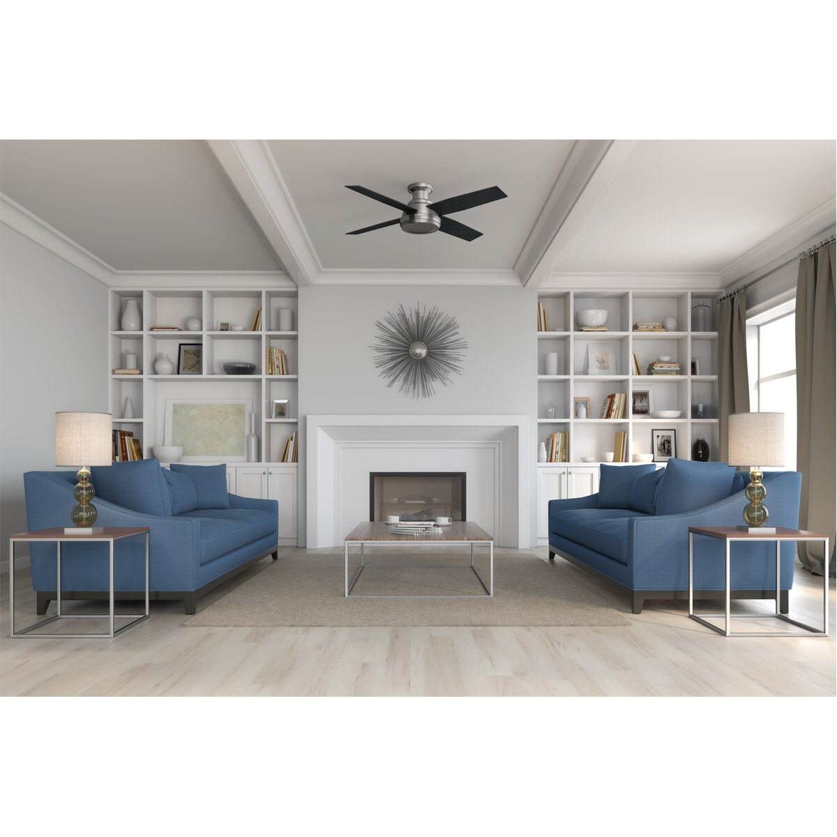 Dempsey 52 inch Brushed Nickel with Black Oak/Chocolate Oak Grain Blades Ceiling Fan, Low Profile