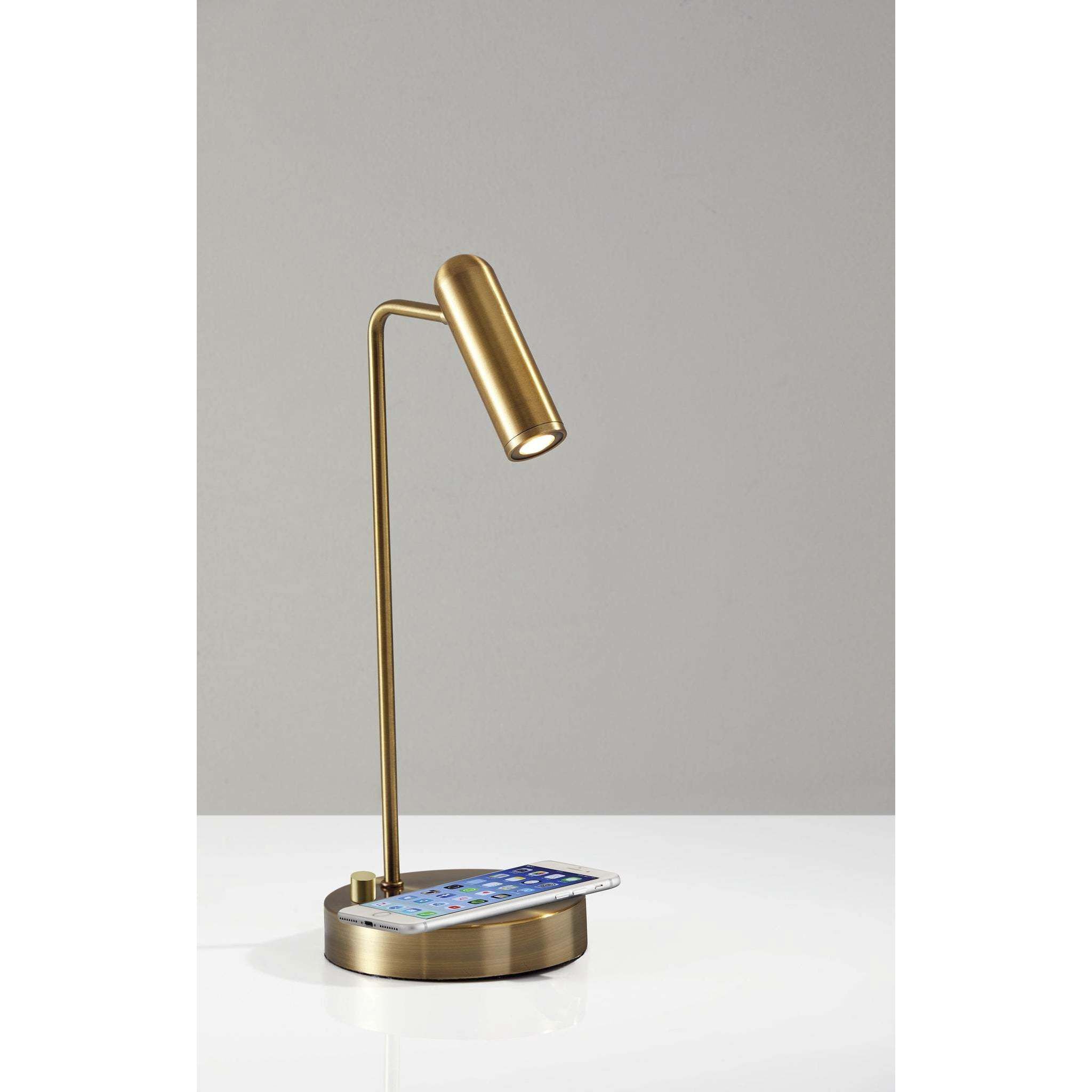 Kaye 17 inch 5.00 watt Antique Brass Desk Lamp Portable Light, with AdessoCharge Wireless Charging Pad and USB Port