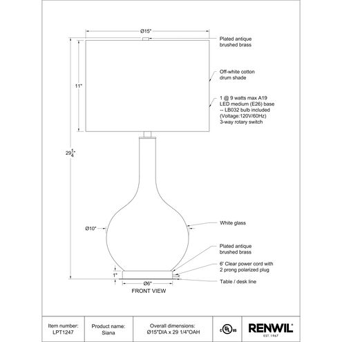 Siana 29.25 inch 100.00 watt White and Antique Brass Table Lamp Portable Light