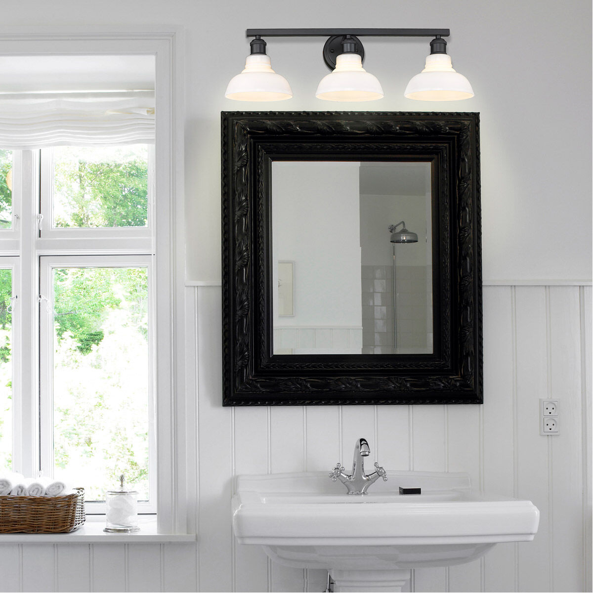 Carver 3 Light 28 inch Matte Black Bath Vanity Wall Light in Vintage Milk Glass