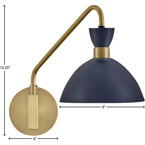 Simon LED 8 inch Matte Navy with Heritage Brass accents Sconce Wall Light