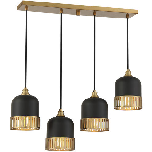 Eclipse 4 Light 26 inch Matte Black with Warm Brass Accents Linear Chandelier Ceiling Light