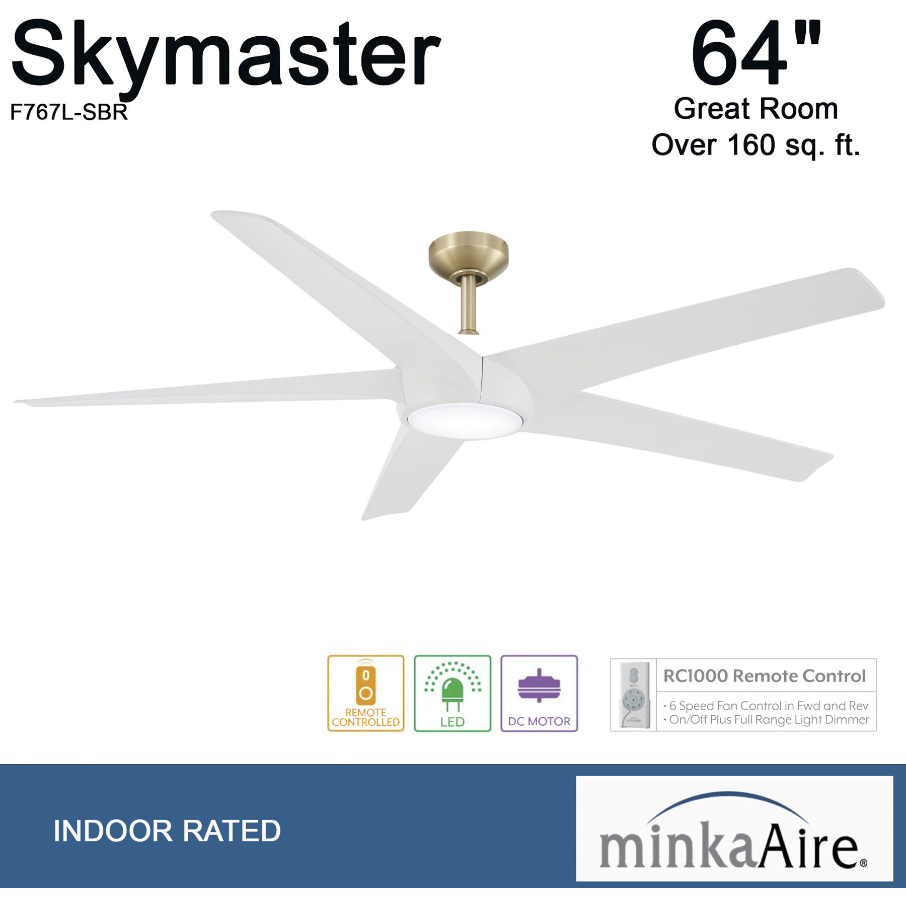 Skymaster 64 inch Soft Brass with Flat White Blades Ceiling Fan