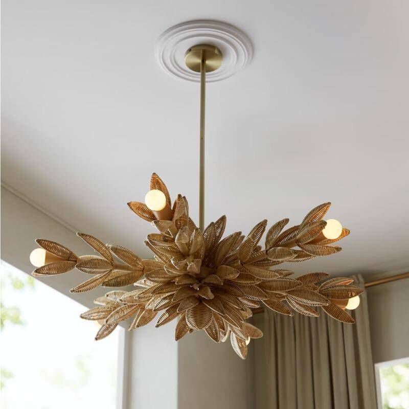 Kasai 6 Light 36.5 inch Natural Rattan and Antique Brass Semi-Flush Mount Ceiling Light
