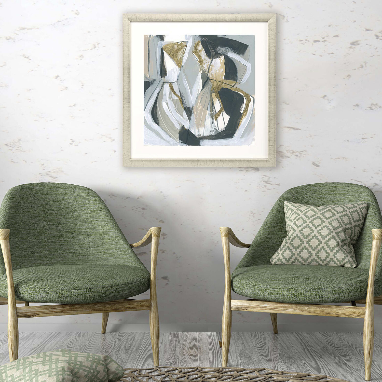 Neutral Echoes Green and Metallic and White and Neutral Framed Art