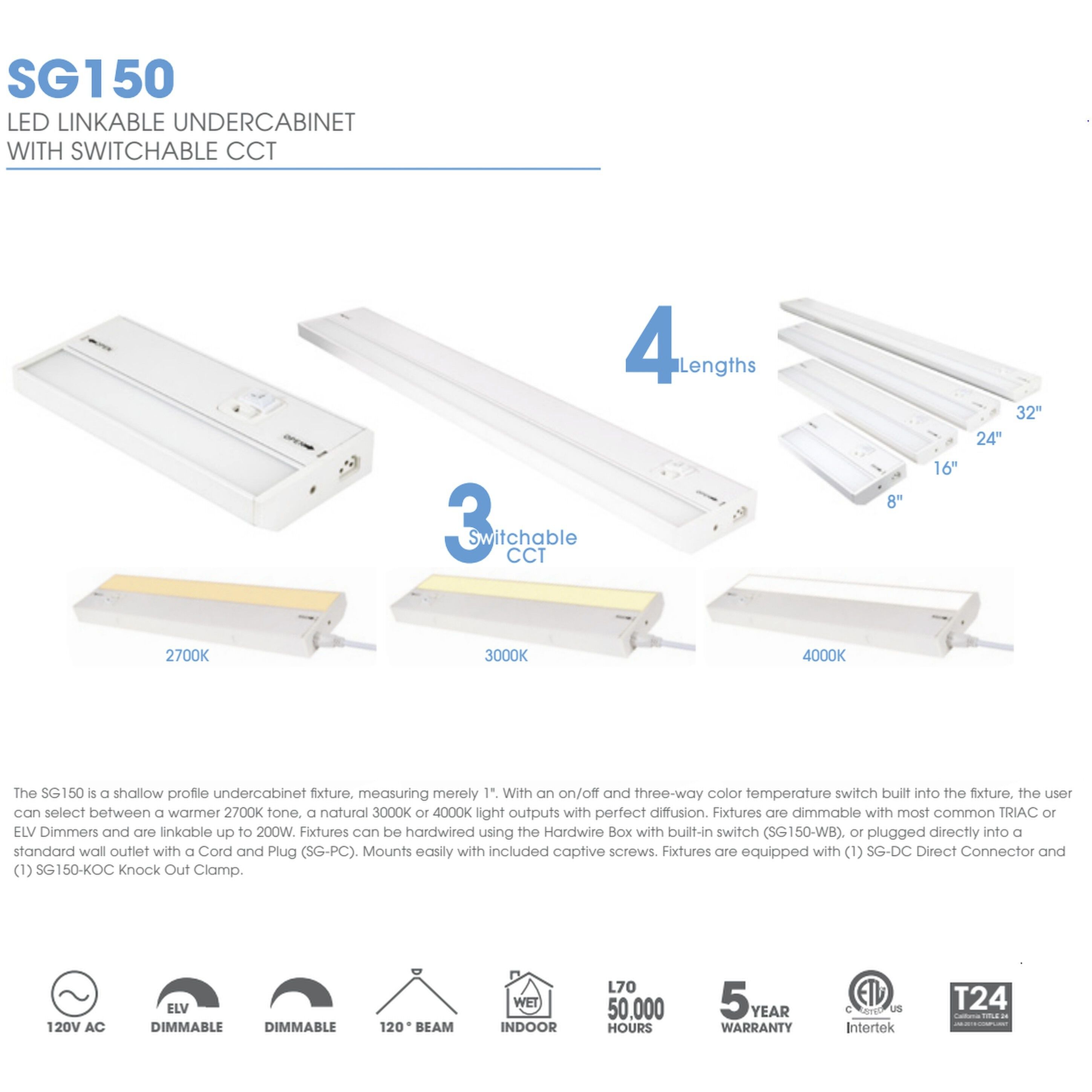 SG150 120 LED 8 inch White Under Cabinet, Linkable