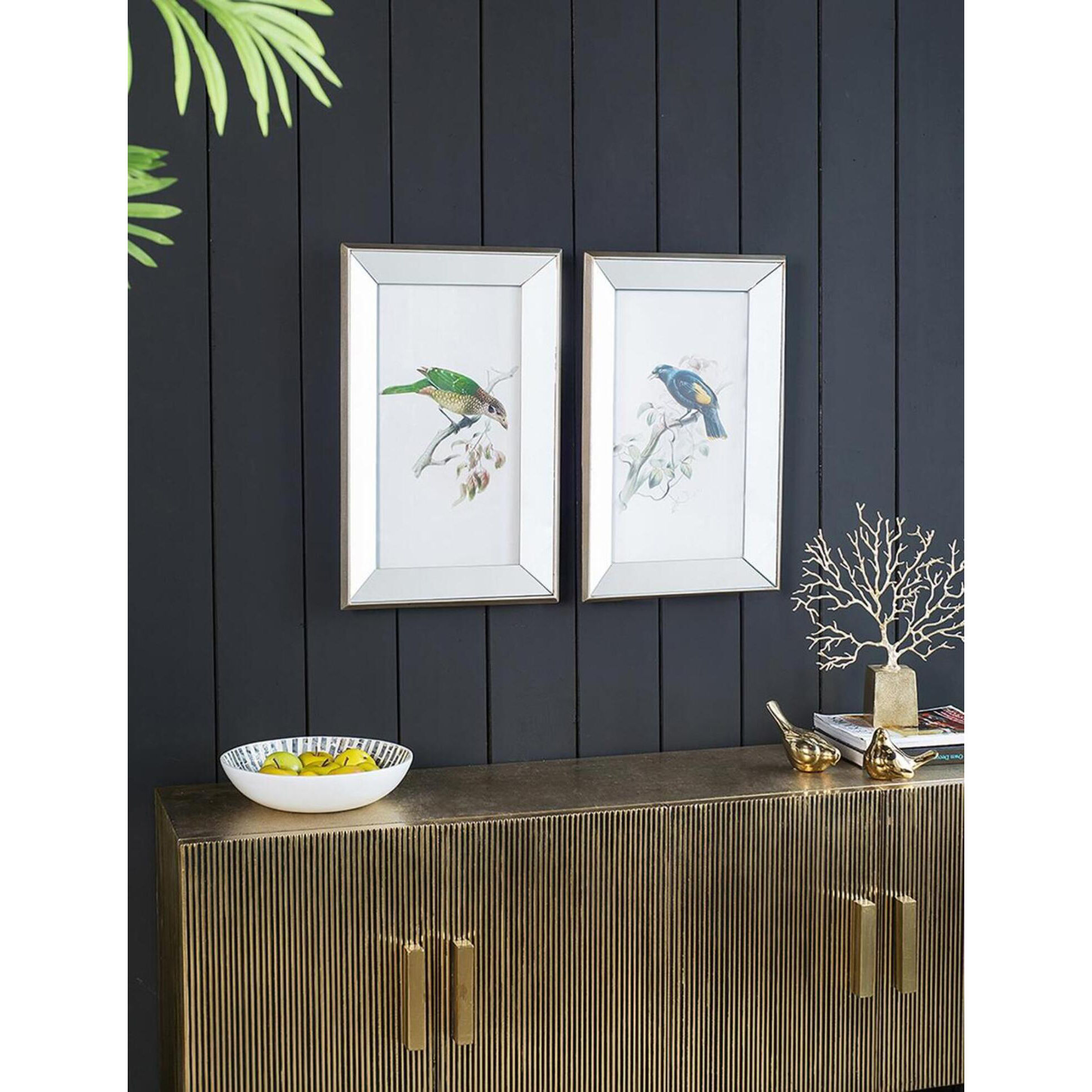 Bird Mirror Frame Print Multi Color Wall Art, Set of 2