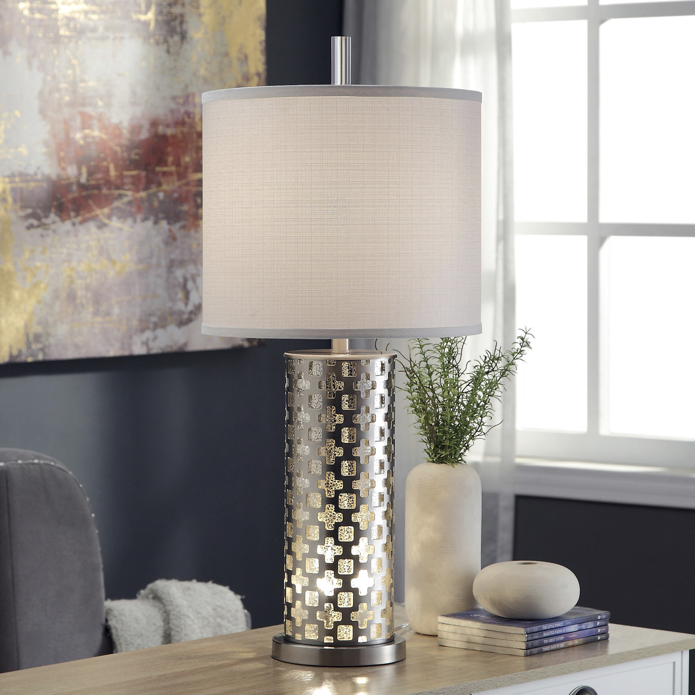 Signature 33 inch 100 watt Brushed Steel Table Lamp Portable Light