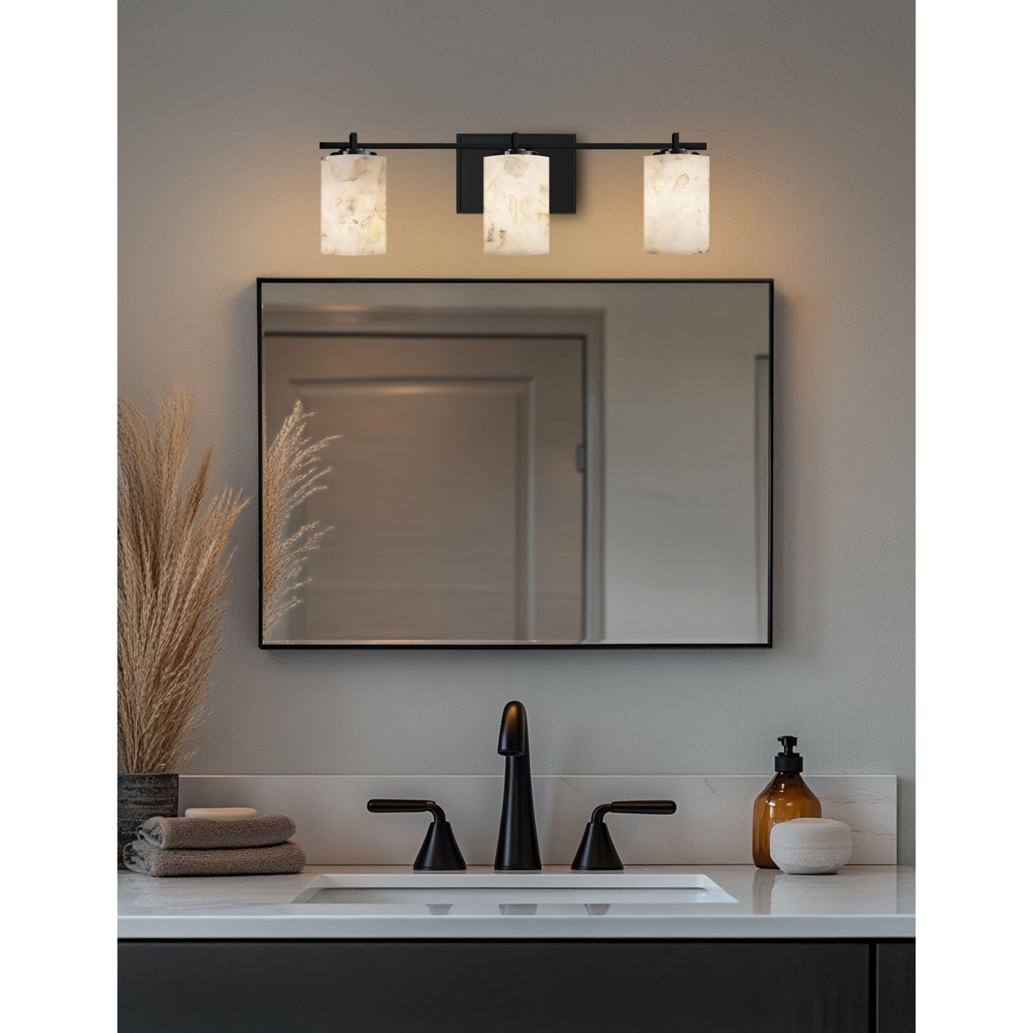 Alabaster Rocks 3 Light 24 inch Matte Black Vanity Light Wall Light in LED, Cylinder with Flat Rim