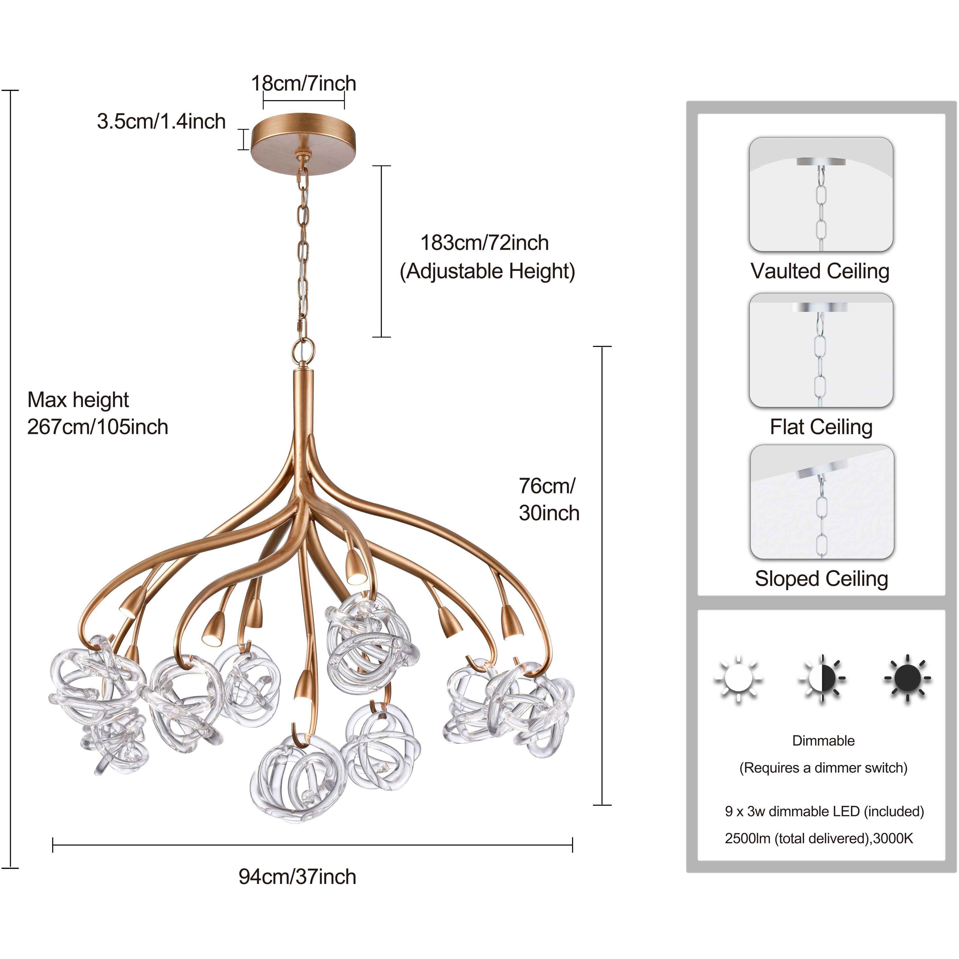 Freeform LED 37 inch Antique Gold Leaf Chandelier Ceiling Light, Converts to Semi Flush