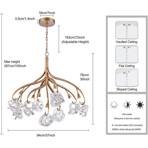 Freeform LED 37 inch Antique Gold Leaf Chandelier Ceiling Light, Converts to Semi Flush