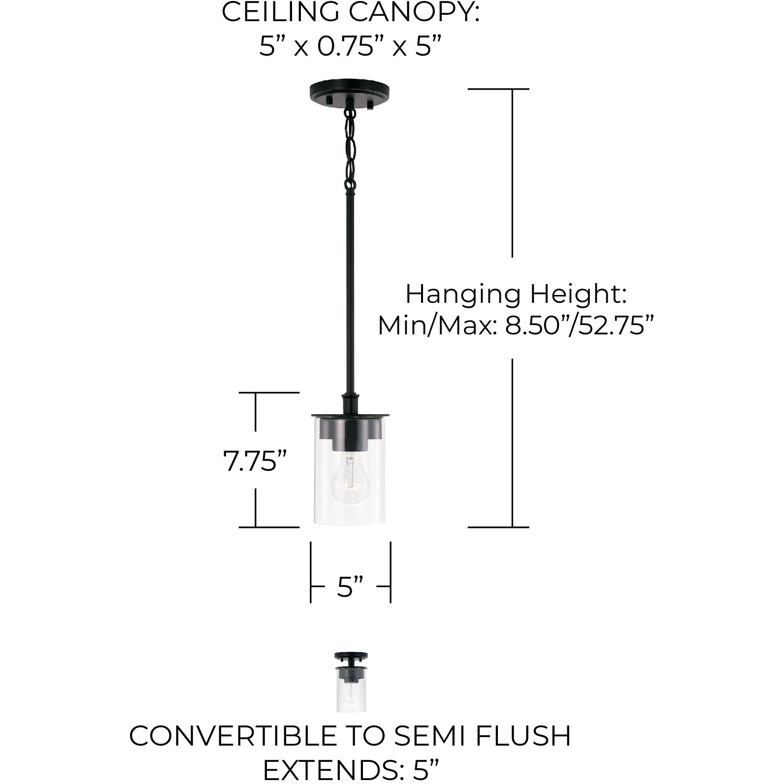 Mason 1 Light 5 inch Matte Black Semi-Flush Mount Ceiling Light, Convertible Dual Mount