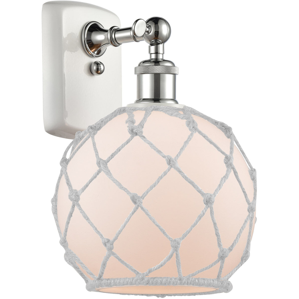 Ballston Farmhouse Rope 1 Light 8 inch White and Polished Chrome Sconce Wall Light in White Glass with White Rope, Ballston