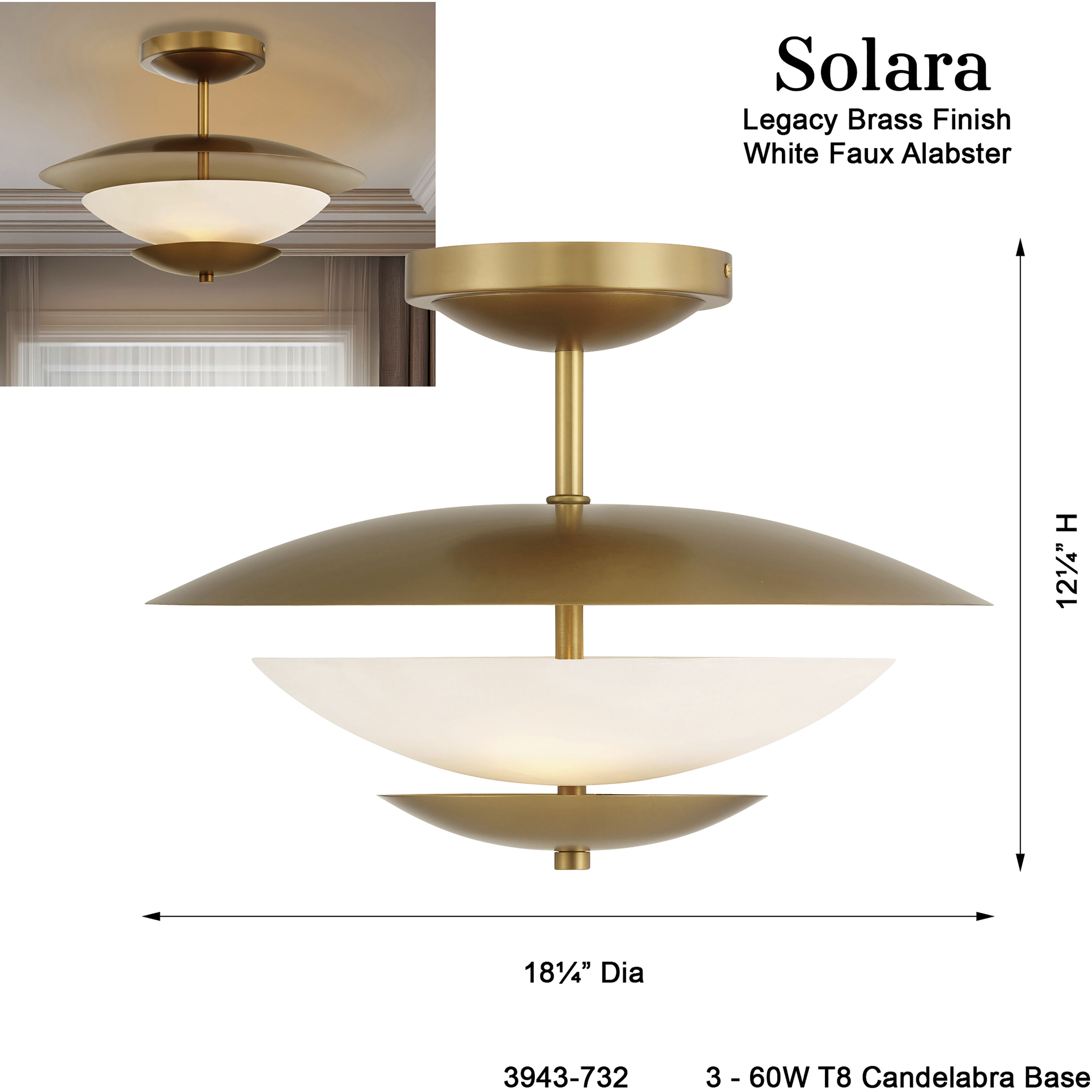 Solara 3 Light 18.25 inch Legacy Brass Semi Flush Ceiling Light