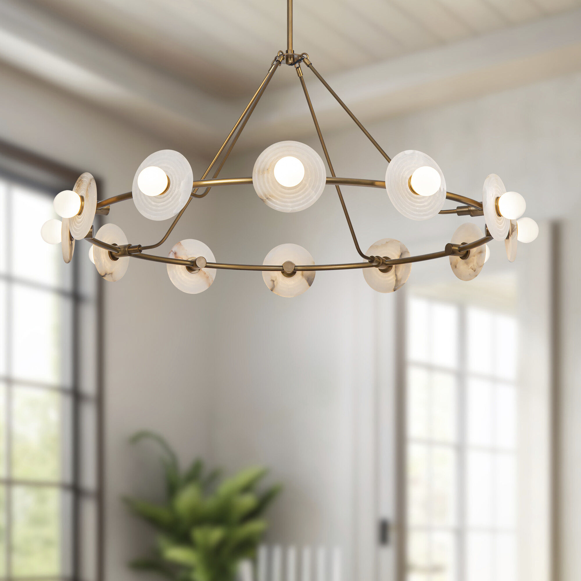 Dahlia LED 46.5 inch Vintage Brass/Alabaster Chandelier Ceiling Light