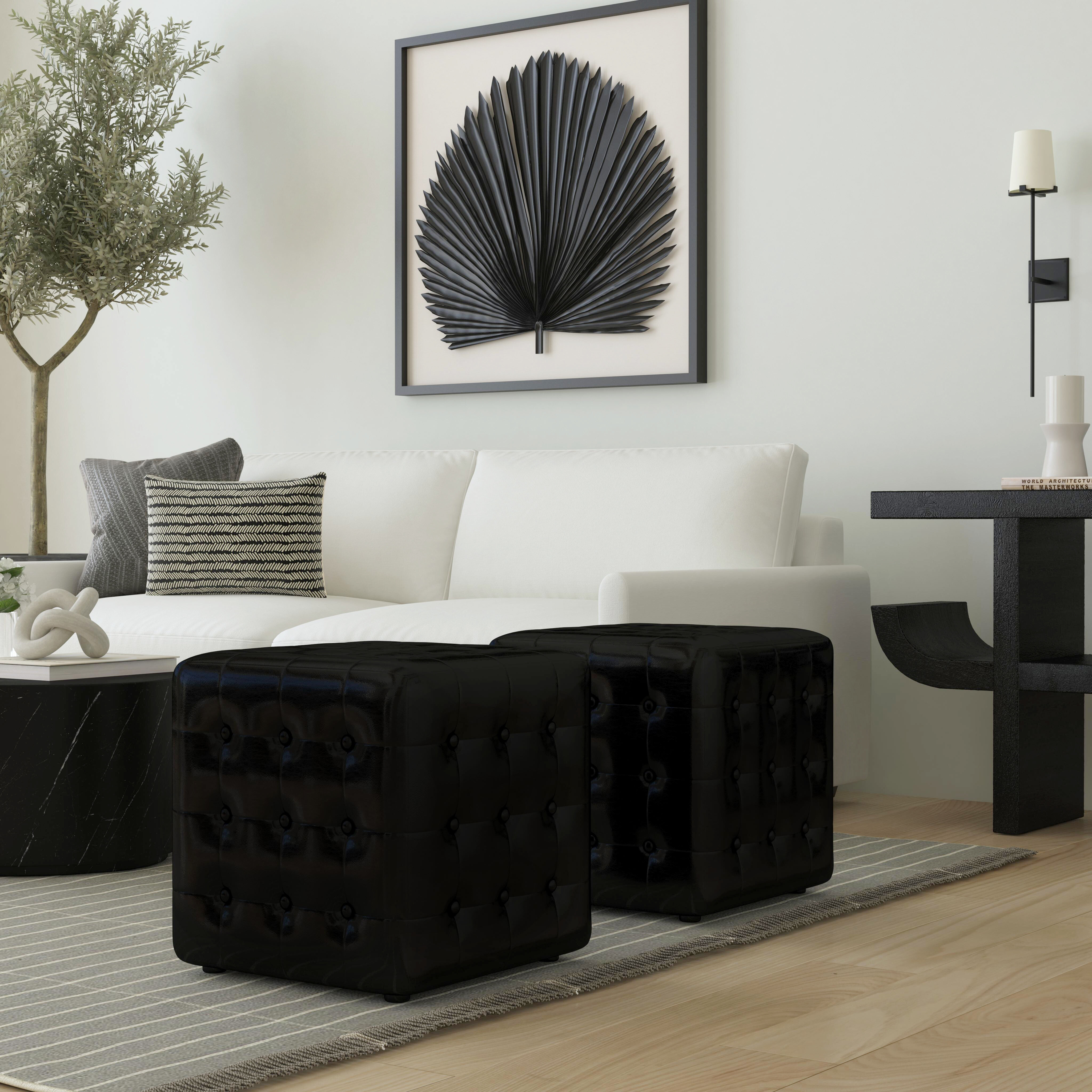 Leon Leather Cube Ottoman in Black