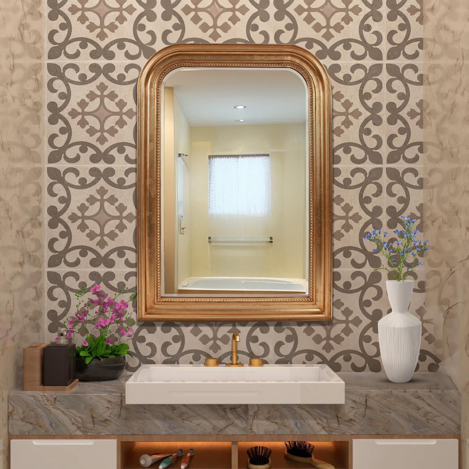 French Philippe 42 X 30 inch Antique Gold Leaf Vanity Mirror