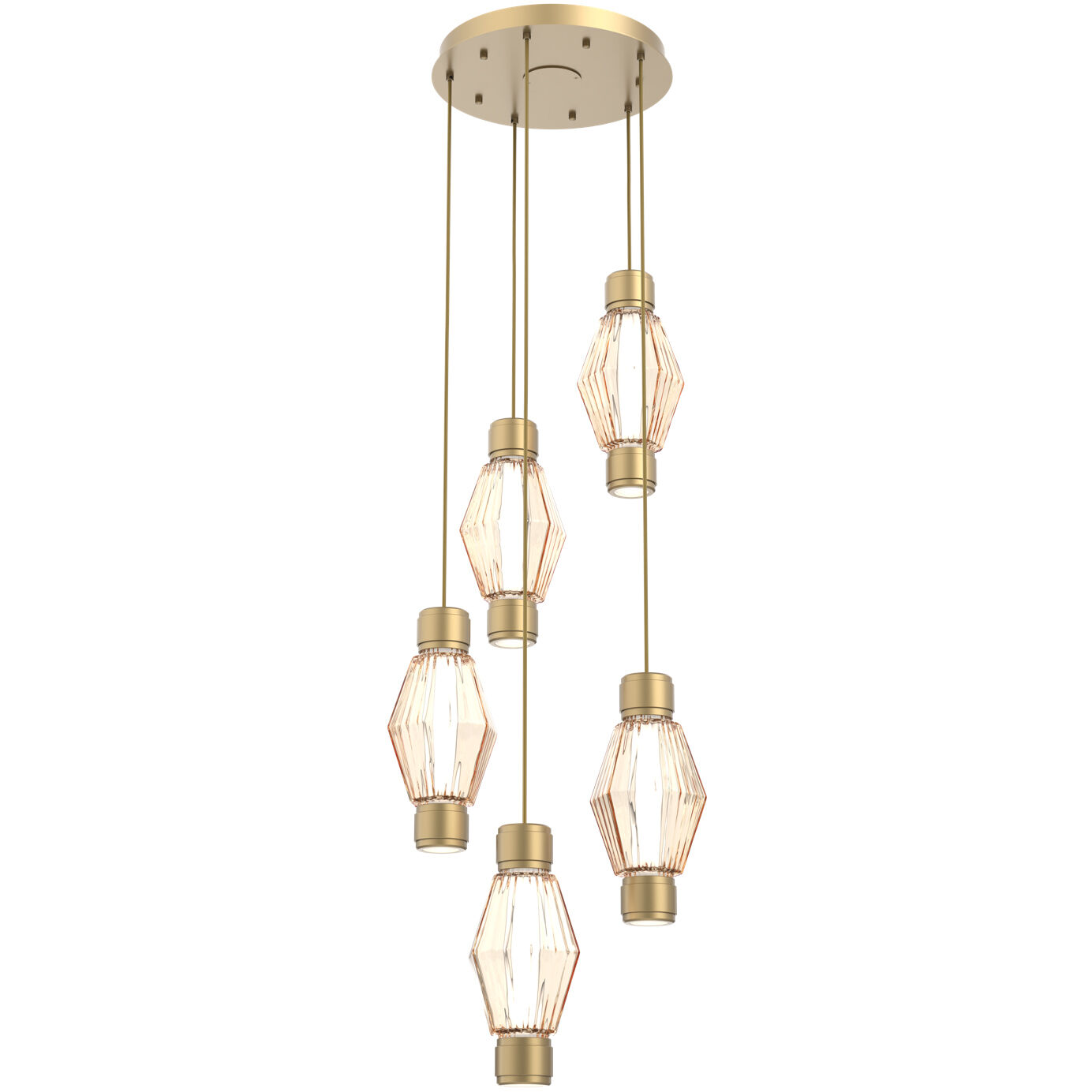 Aalto Mandrel LED Gilded Brass Multi Pendant Chandelier Ceiling Light in 3000K LED, Optic Rib Amber