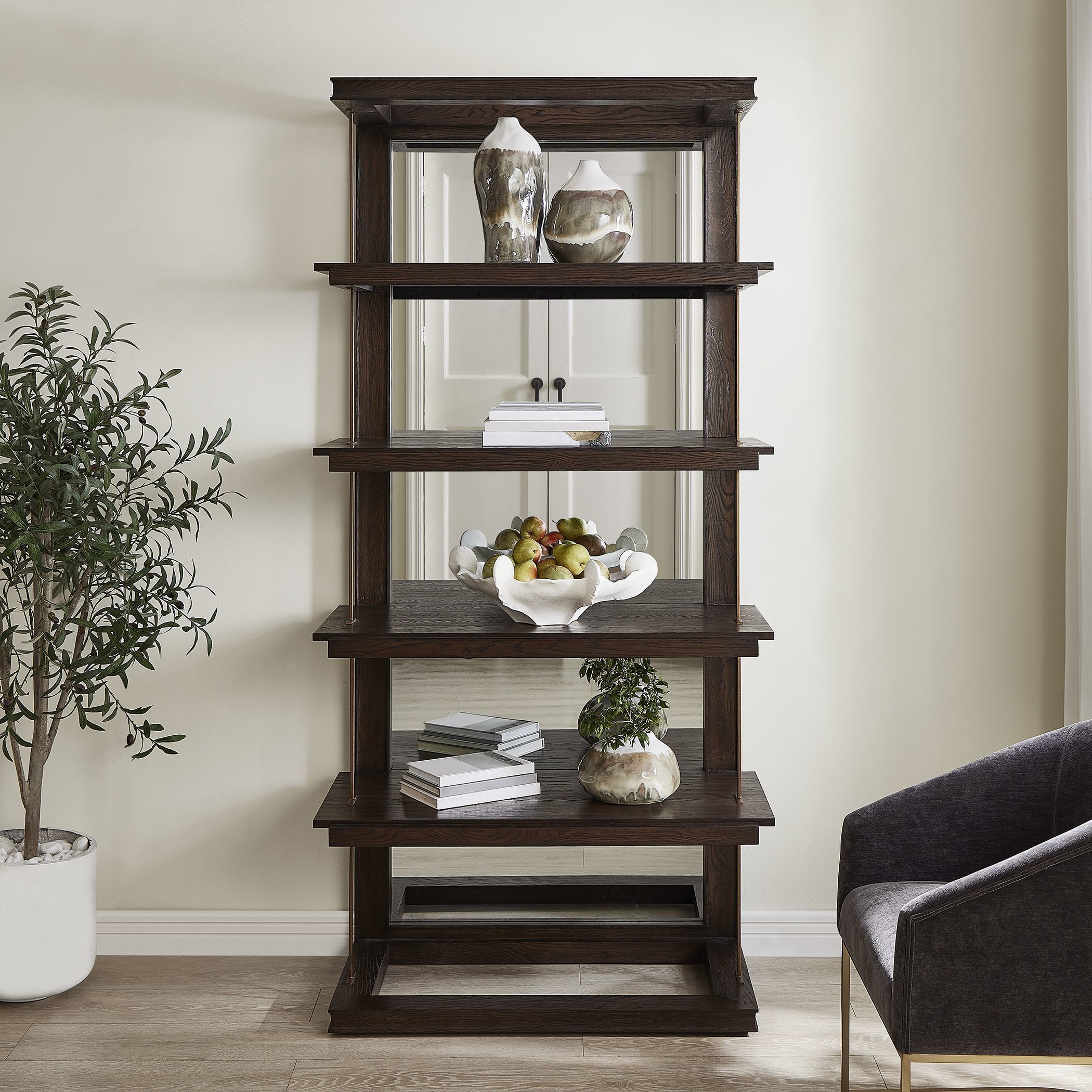Kai 82 X 40 inch Dark Walnut and Gold Etagere
