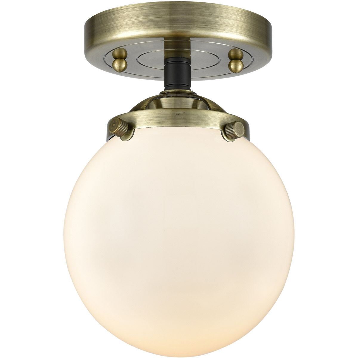 Nouveau Beacon LED 6 inch Black Antique Brass Semi-Flush Mount Ceiling Light in Matte White Glass, Nouveau