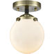 Nouveau Beacon LED 6 inch Black Antique Brass Semi-Flush Mount Ceiling Light in Matte White Glass, Nouveau