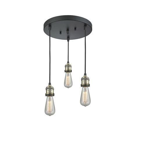 Franklin Restoration Bare Bulb 3 Light 10 inch Black Antique Brass Multi-Pendant Ceiling Light, Franklin Restoration