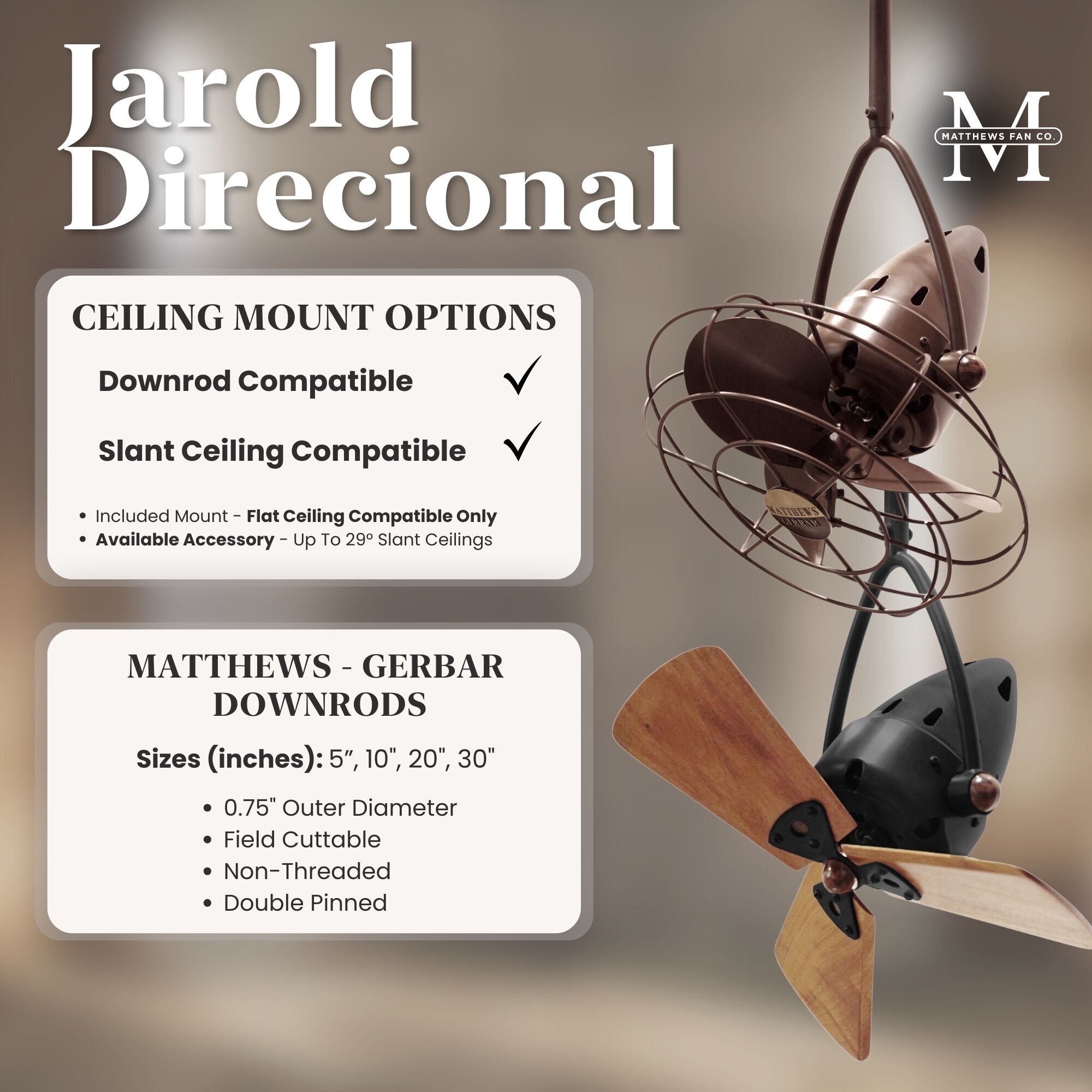 Matthews-Gerbar Jarold Direcional 16 inch Brushed Nickel with Solid Mahogany Wood Blades Directional Ceiling Fan, Matthews-Gerbar