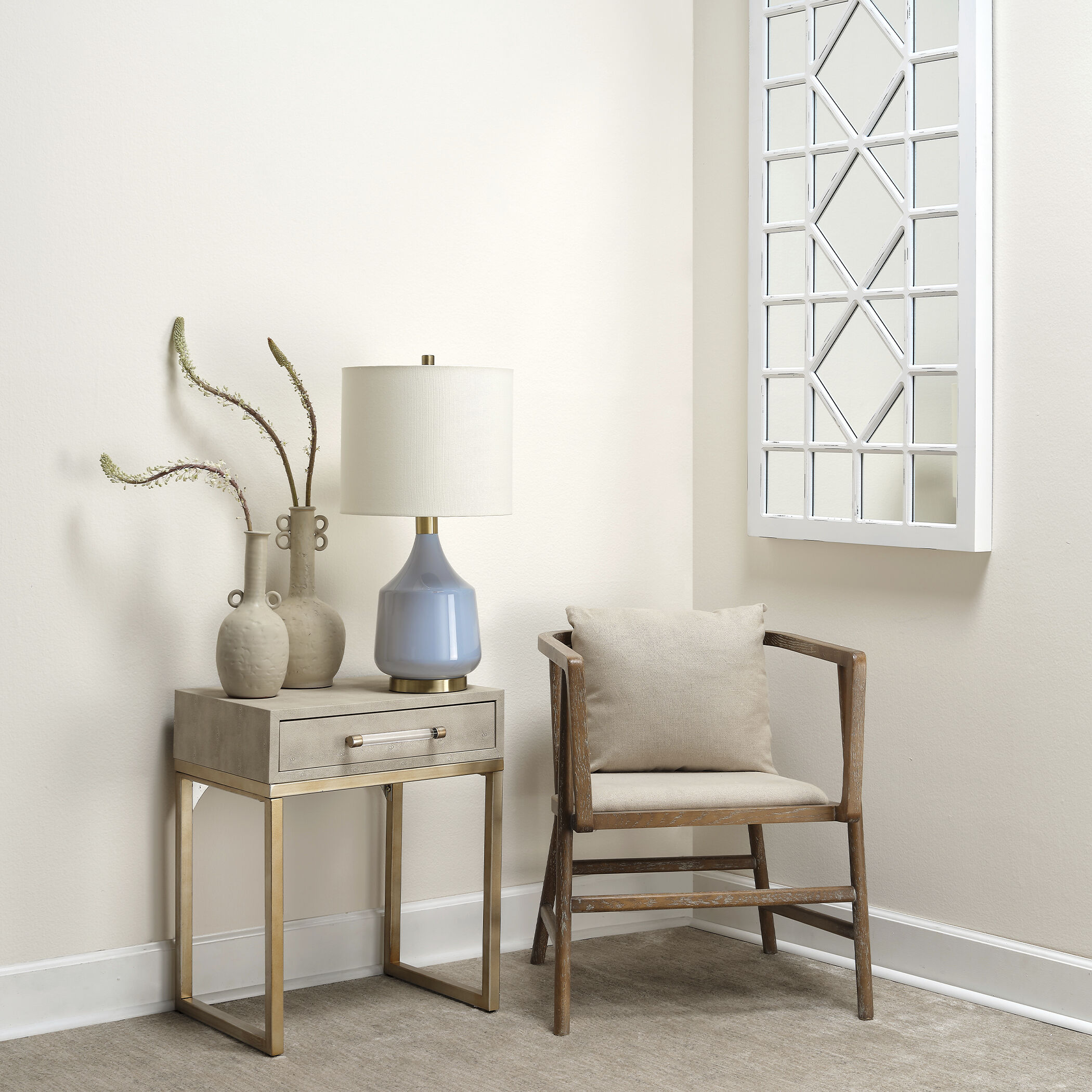 Kain 24 X 20 inch Ivory Faux Shagreen and Antique Brass Metal Side Table