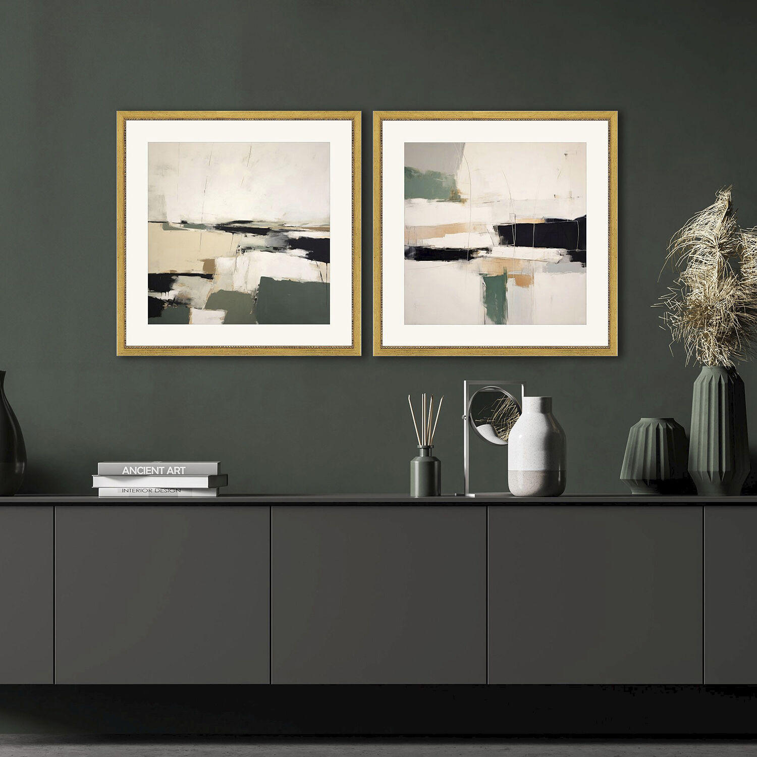 Lovely Landscape Beige and Black and Brown and Green Framed Art