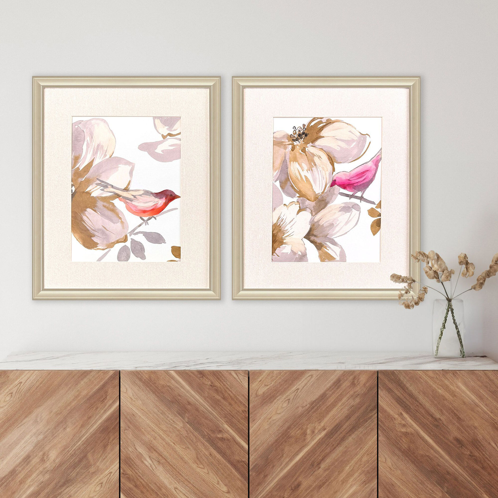 Bird Chatter Pink and Multi and Gray and White Framed Art, Propac