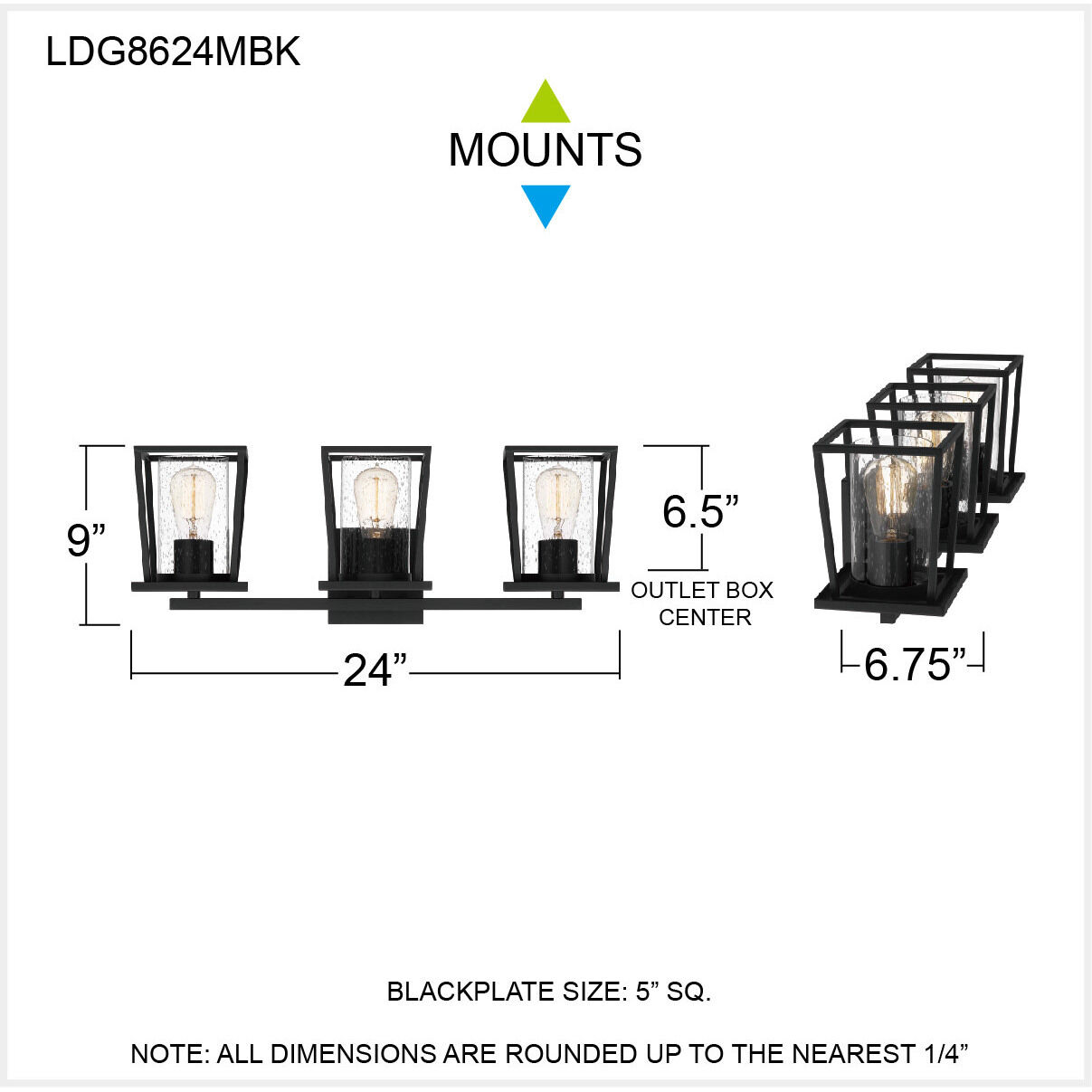 Lodge 3 Light 24 inch Matte Black Bath Light Wall Light, Large