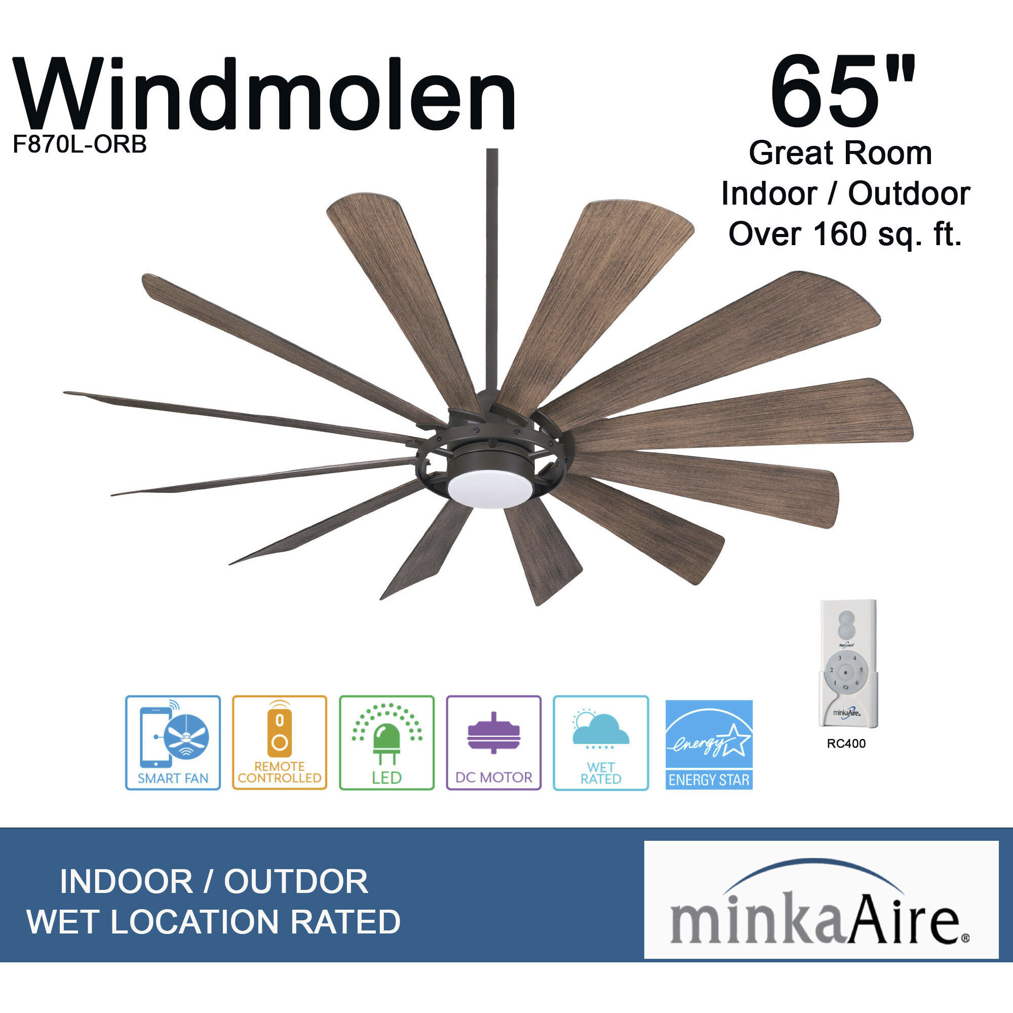 Windmolen 65 inch Oil Rubbed Bronze with Seasoned Wood Blades Outdoor Ceiling Fan