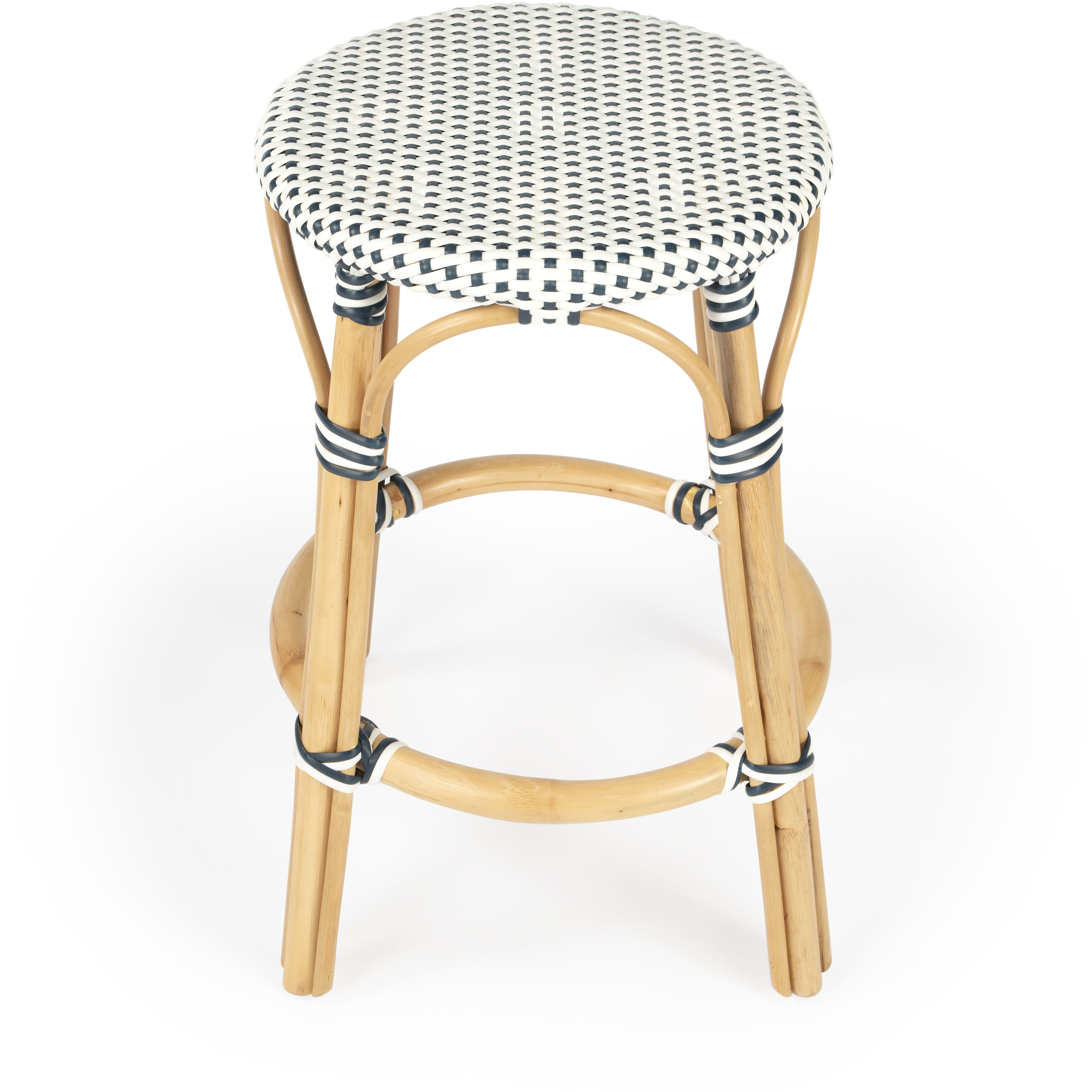 Tobias Rattan Round 24" Counter Stool in White and Navy Dot