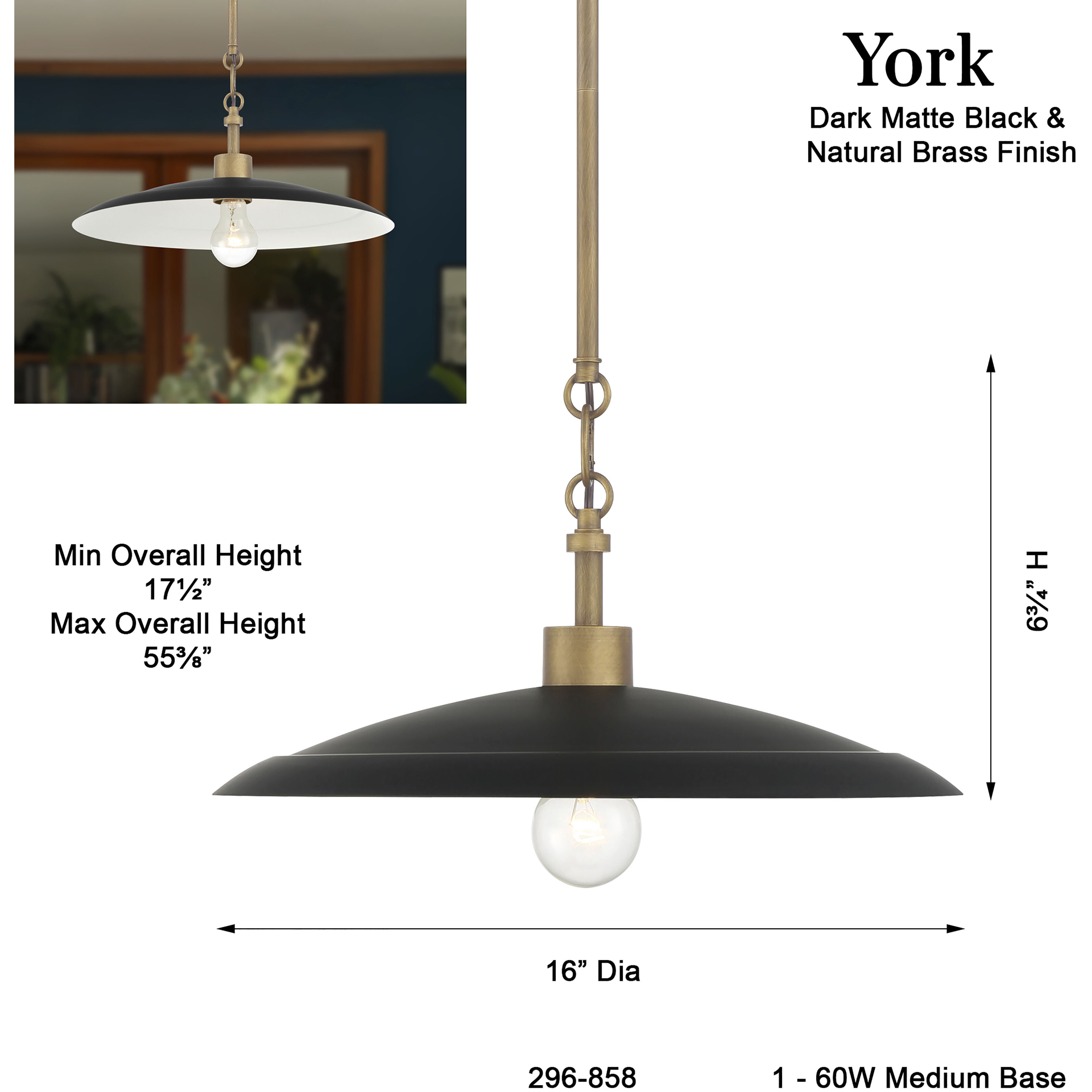 York 1 Light 16 inch Natural Brass Pendant Ceiling Light in Dark Matte Black