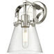 Pilaster II Cone Sconce Wall Light in Polished Nickel, Seedy Glass