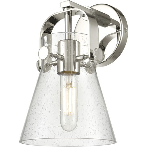 Pilaster II Cone Sconce Wall Light in Polished Nickel, Seedy Glass