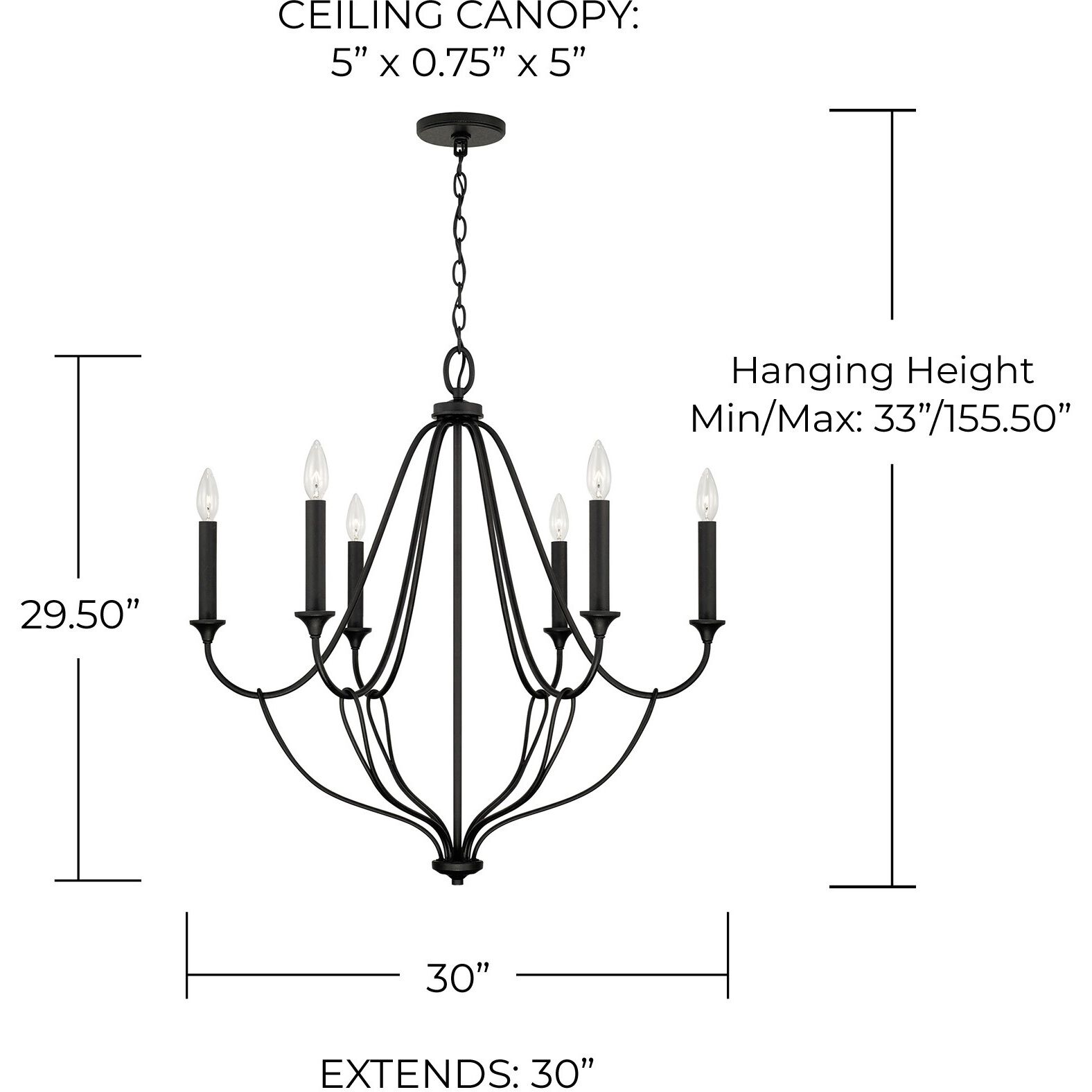 Bentley 6 Light 30 inch Black Iron Chandelier Ceiling Light