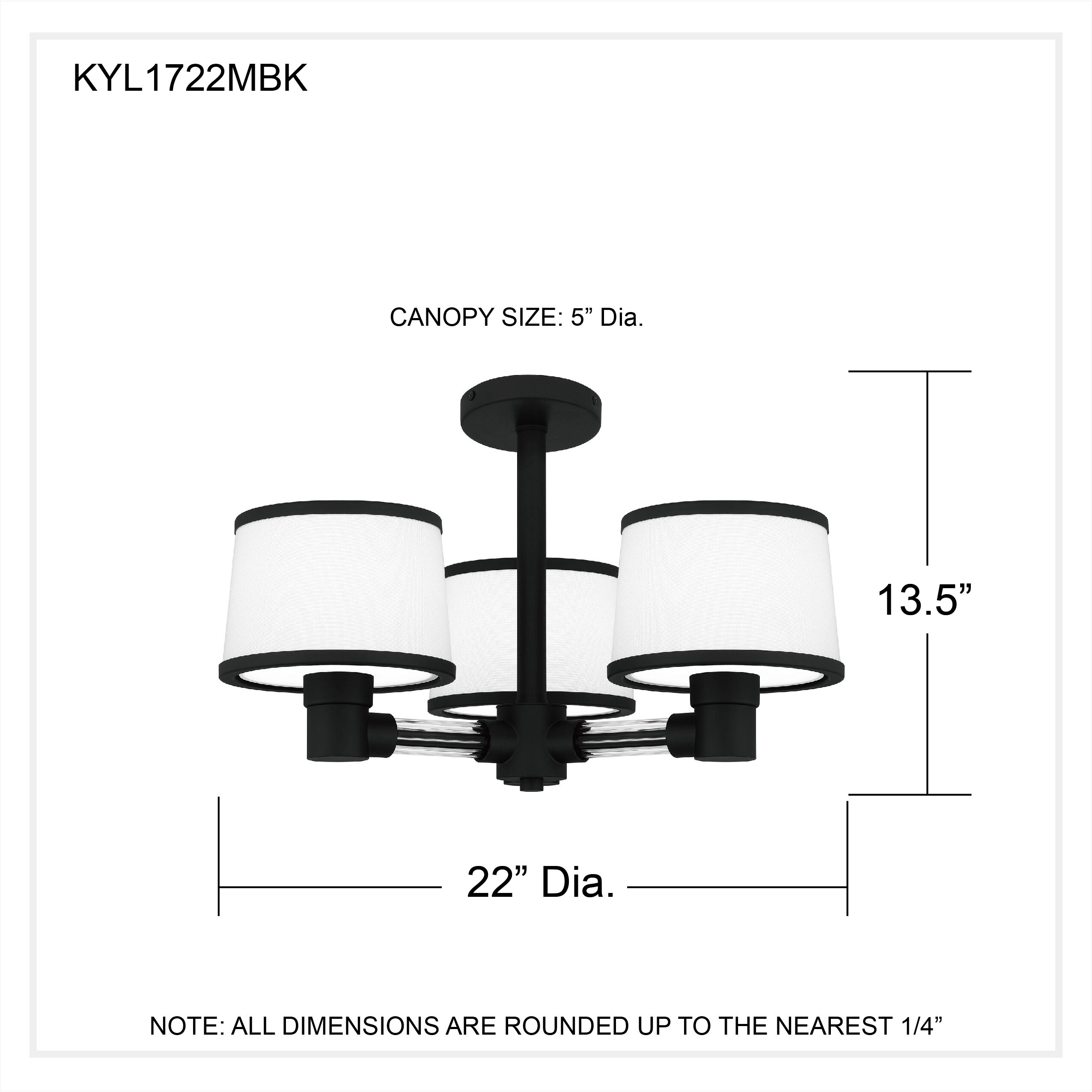 Kylen 3 Light 22 inch Matte Black Semi-Flush Mount Ceiling Light