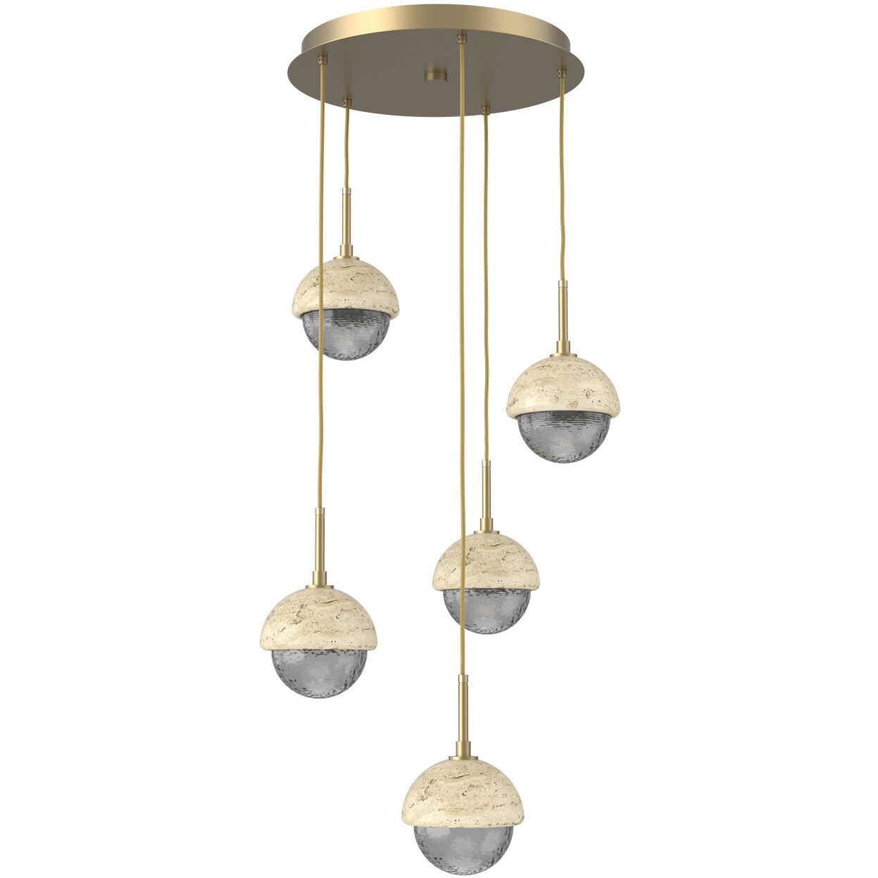 Cabochon LED Gilded Brass with Travertine Stone Pendant Chandelier Ceiling Light in Smoke, 2700K LED