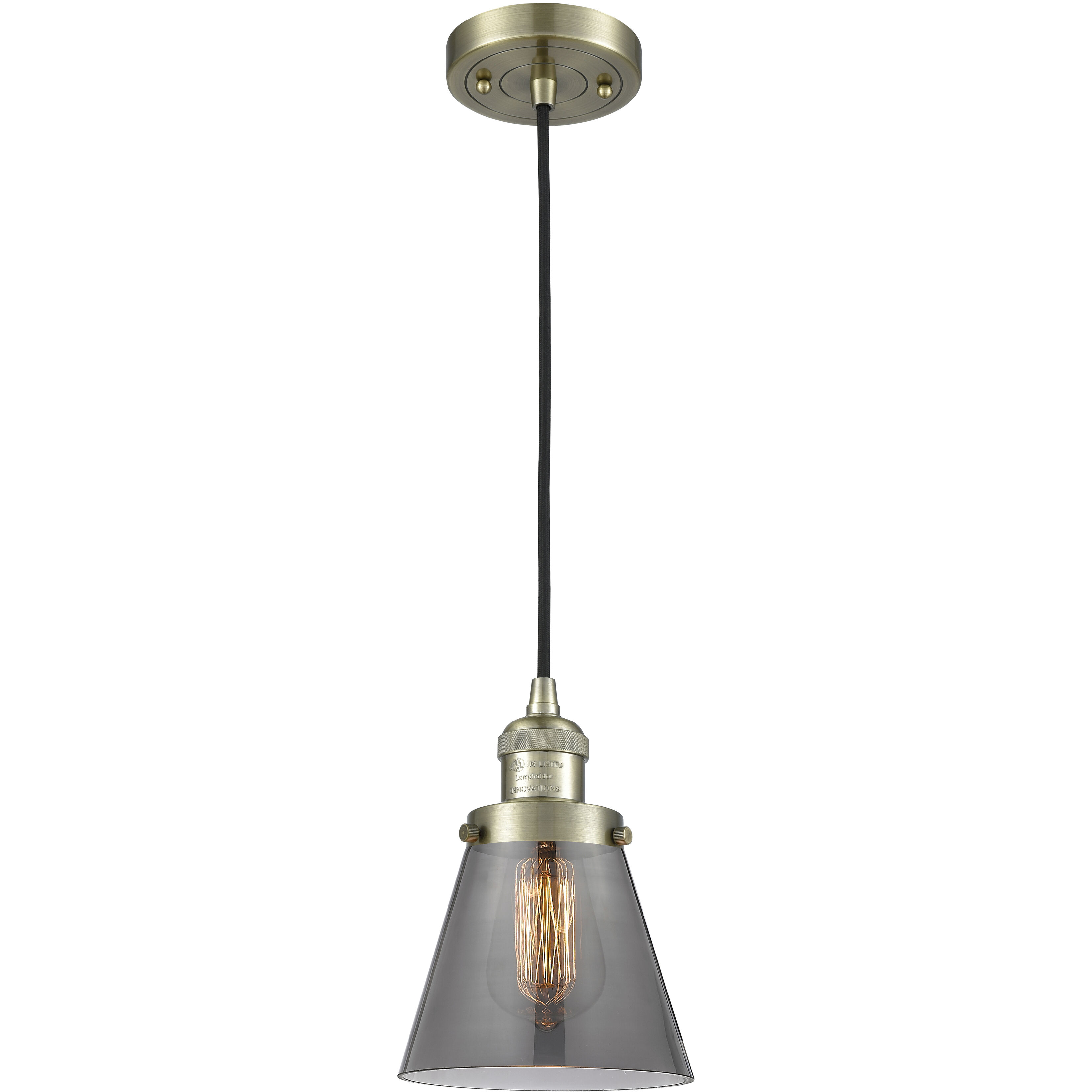 Franklin Restoration Cone LED 6 inch Antique Brass Mini Pendant Ceiling Light in Plated Smoke, Franklin Restoration