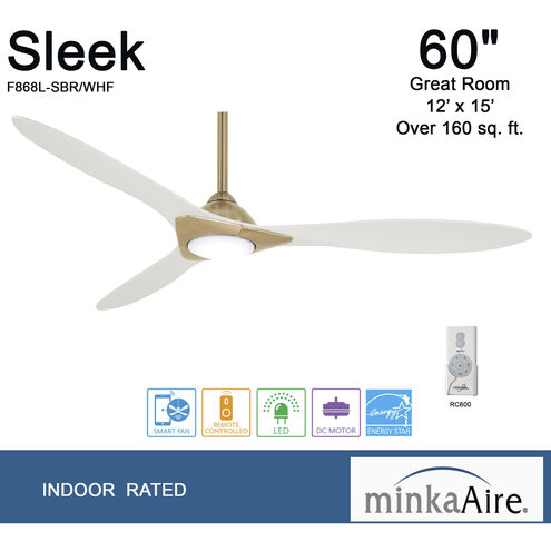 Sleek 60 inch Soft Brass/Flat White with Flat White Blades Ceiling Fan