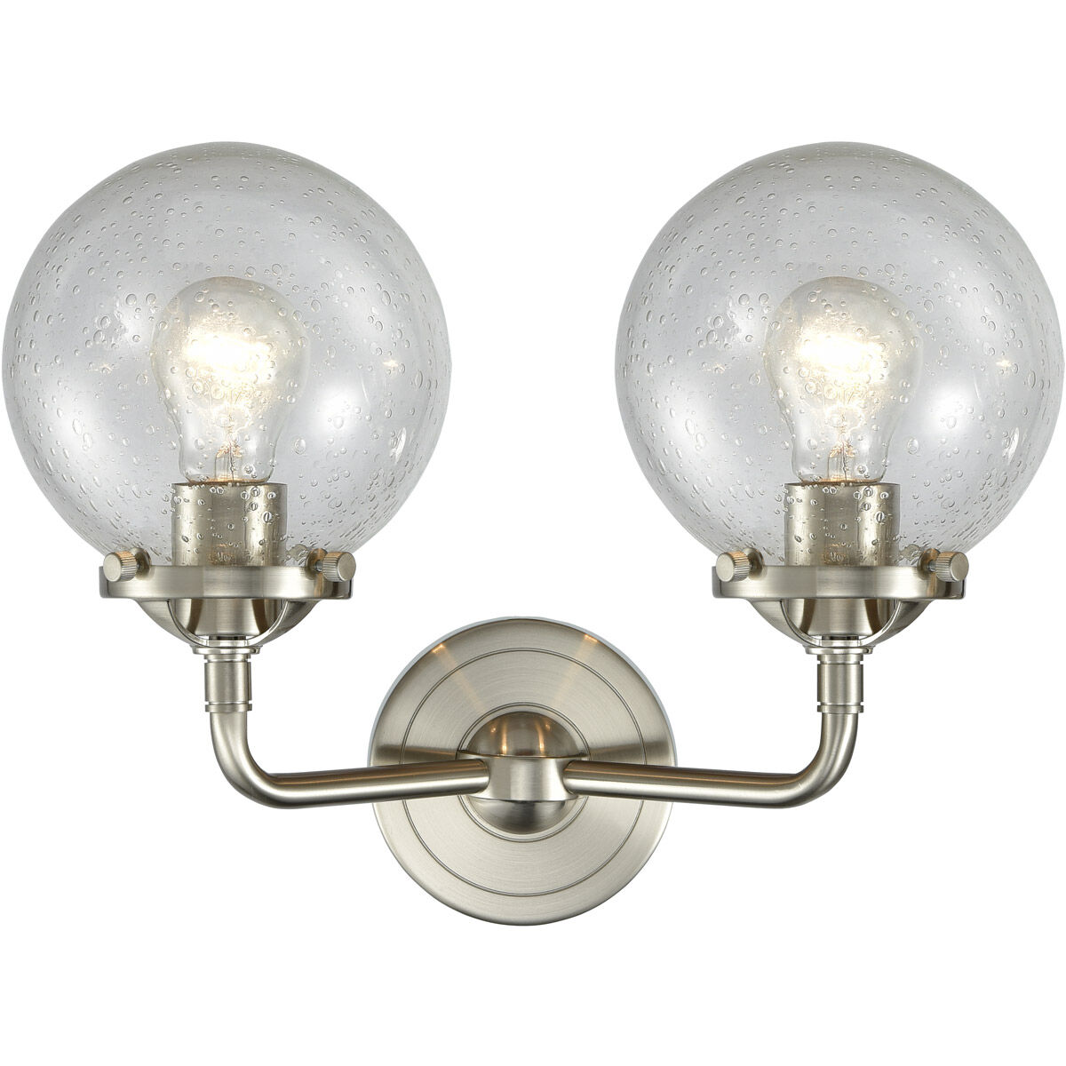 Nouveau Beacon 2 Light 14 inch Brushed Satin Nickel Bath Vanity Light Wall Light in Seedy Glass, Nouveau