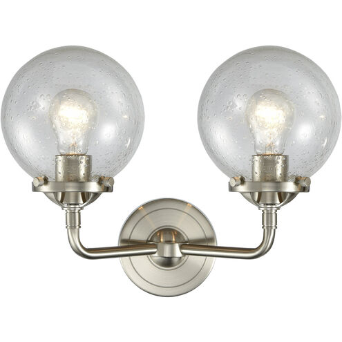 Nouveau Beacon 2 Light 14 inch Brushed Satin Nickel Bath Vanity Light Wall Light in Seedy Glass, Nouveau