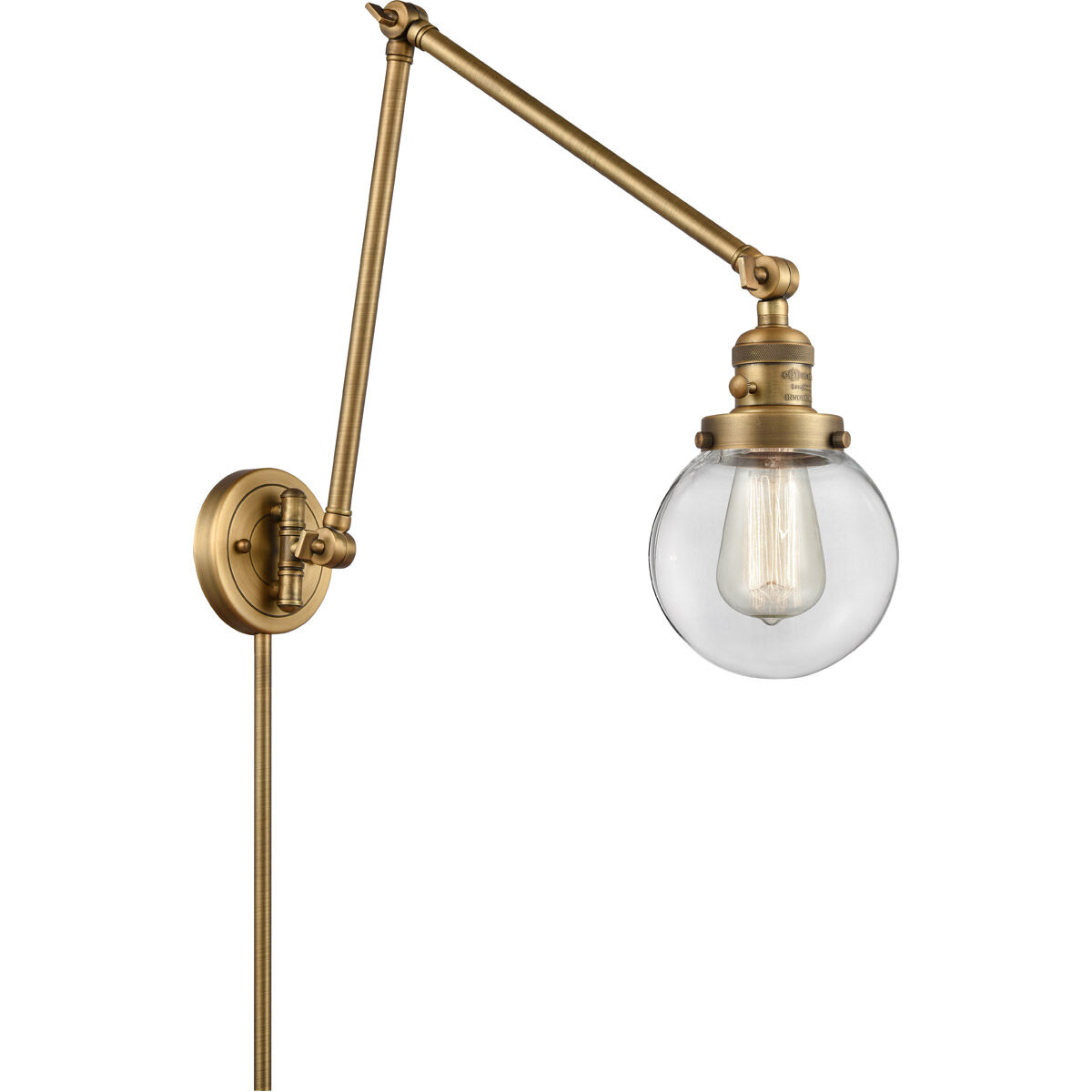 Beacon 30 inch 3.5 watt Brushed Brass Swing Arm Wall Light in Clear Glass, Franklin Restoration