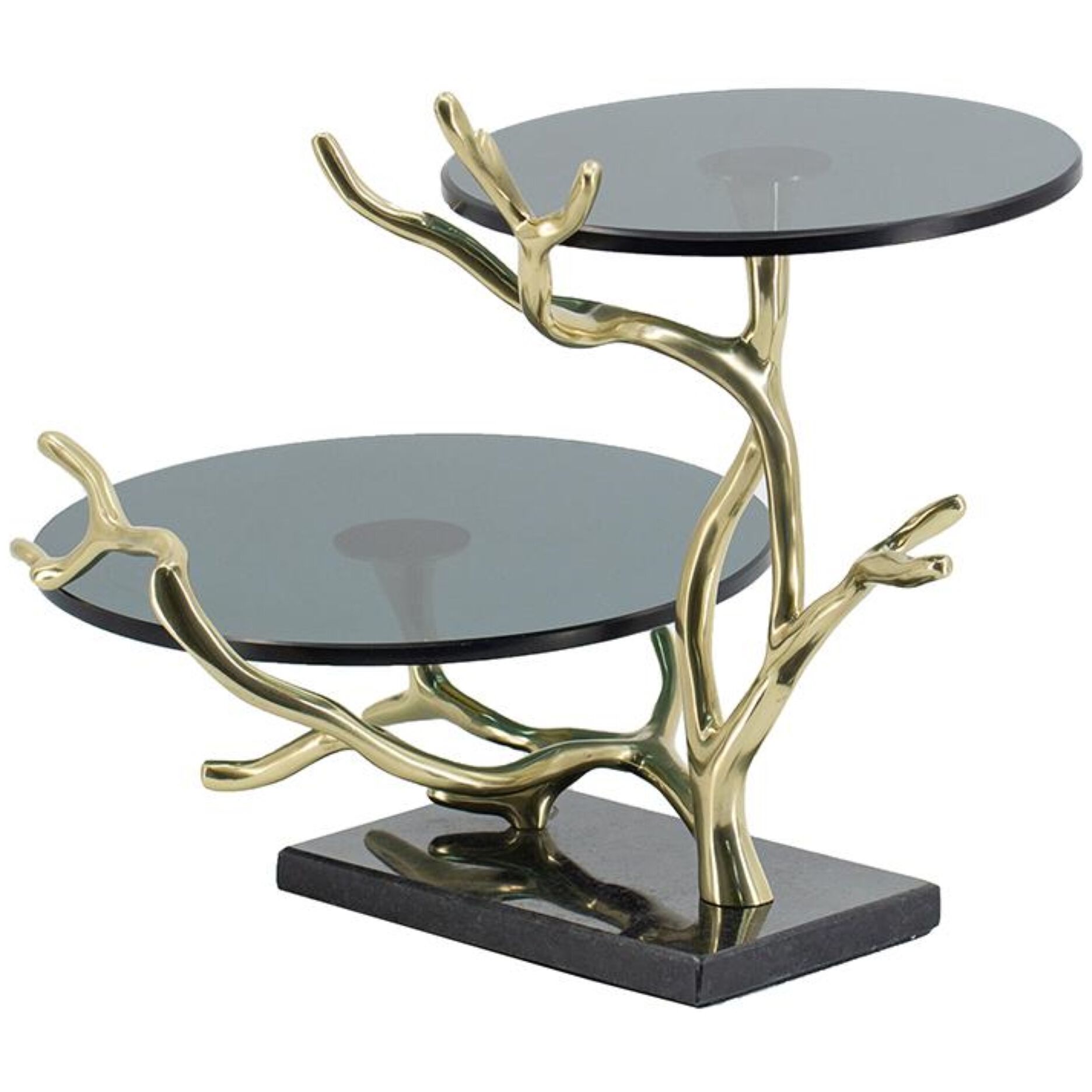 Anita 16.9 X 12.4 inch Polished Gold Finished Aluminum with Black Float Glass/Black Granite Base Cake Stand