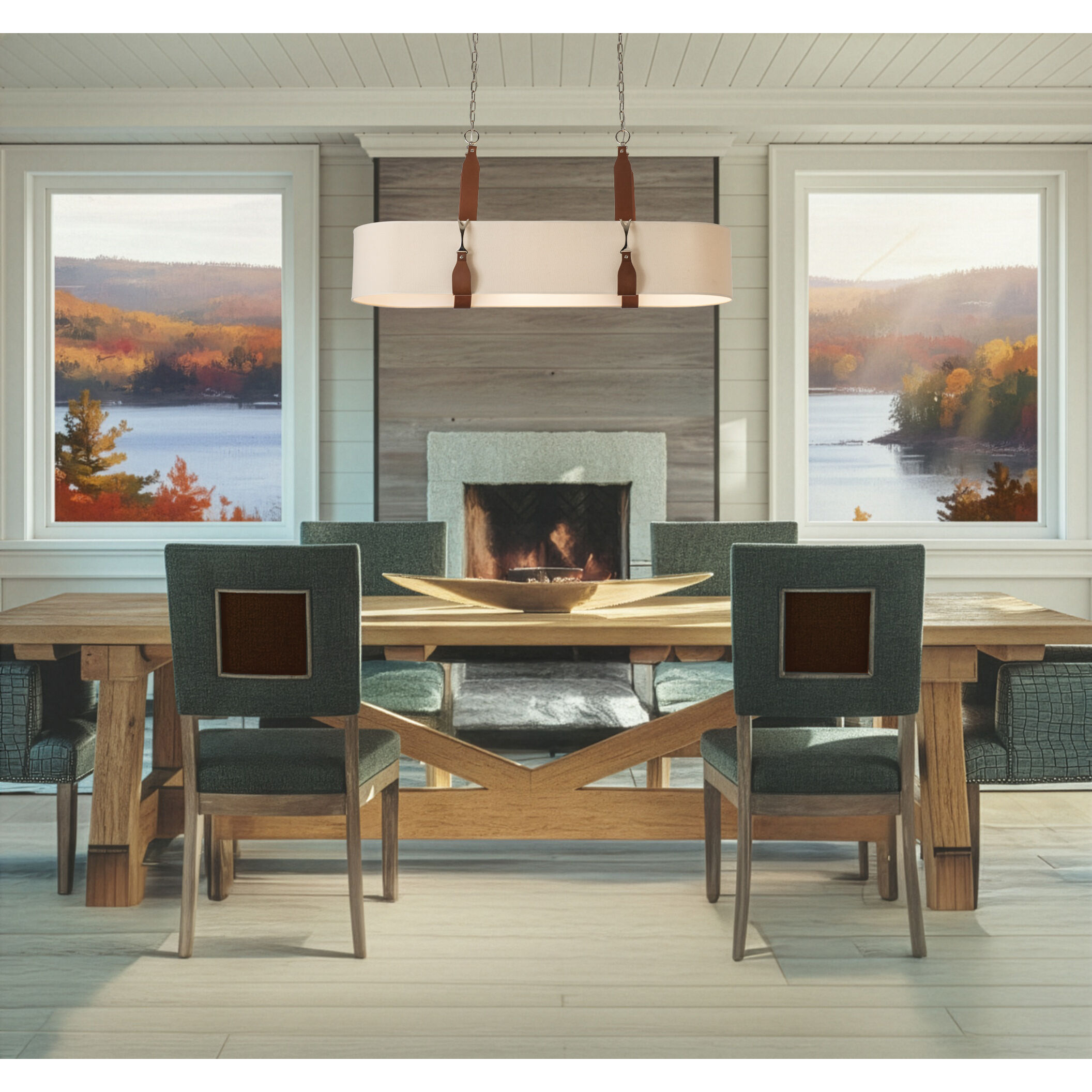 Saratoga 4 Light 46 inch Polished Nickel Pendant Ceiling Light in Leather British Brown, Flax, Oval